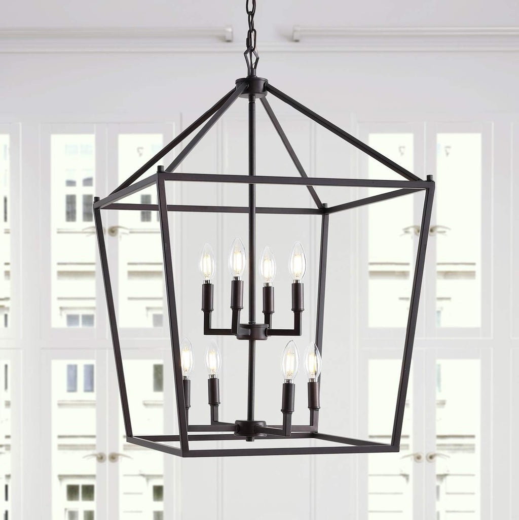 JONATHAN Y 20" Oil Rubbed Bronze Lantern Pendant Light, 8-Light Pagoda Style Metal Cage Farmhouse Hanging Ceiling Fixture for Kitchen Island, LED Bulb Included (JYL7438A)