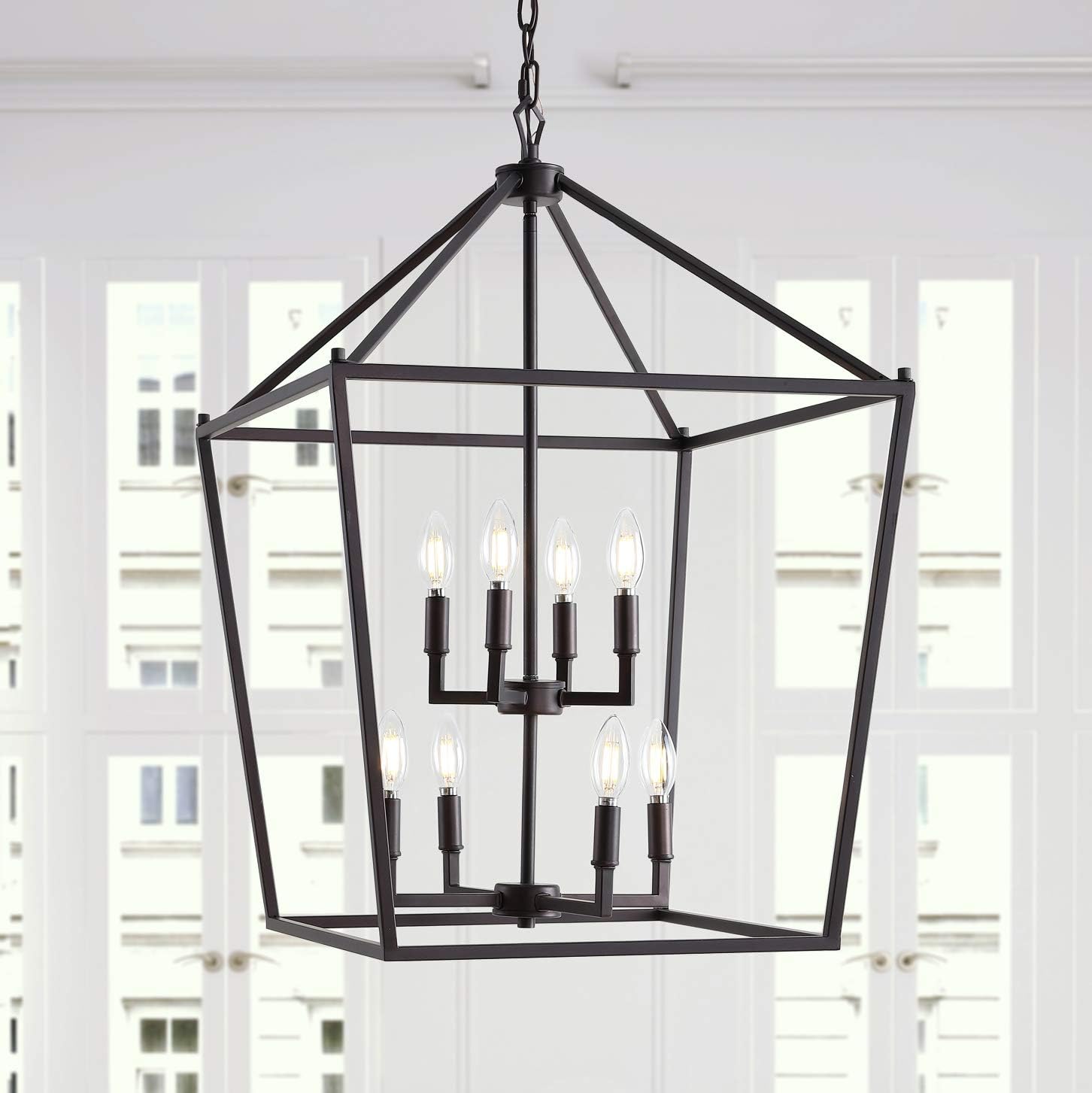 JONATHAN Y 20" Oil Rubbed Bronze Lantern Pendant Light, 8-Light Pagoda Style Metal Cage Farmhouse Hanging Ceiling Fixture for Kitchen Island, LED Bulb Included (JYL7438A)