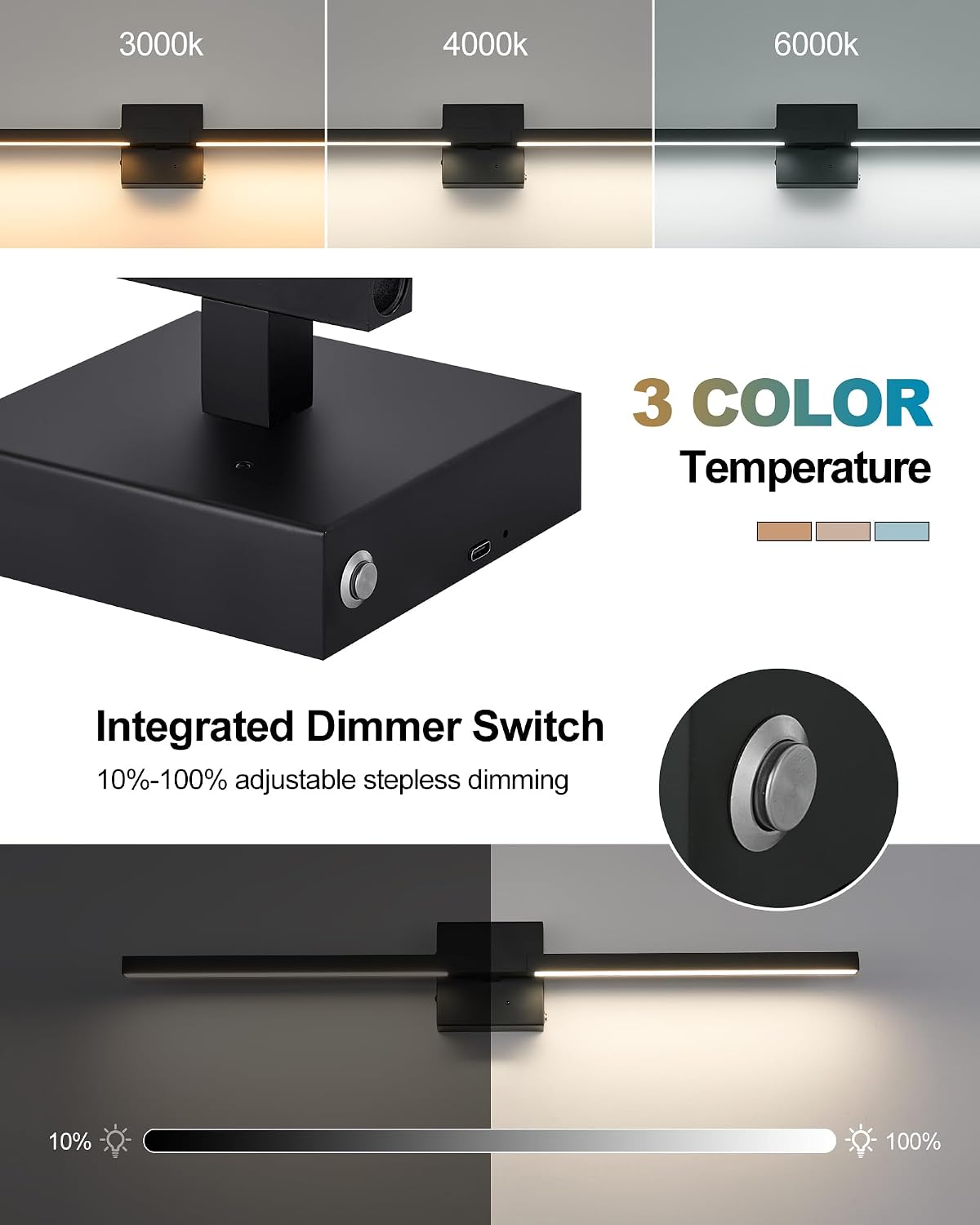 Rayogale Rechargeable Battery Operated Wall Sconce with Remote Control | Black 3000/4500/6000K Dimmable 8000mAh Wireless Wall Sconces Set of Two with Timer for Living Room, Bedroom, 24 Inch