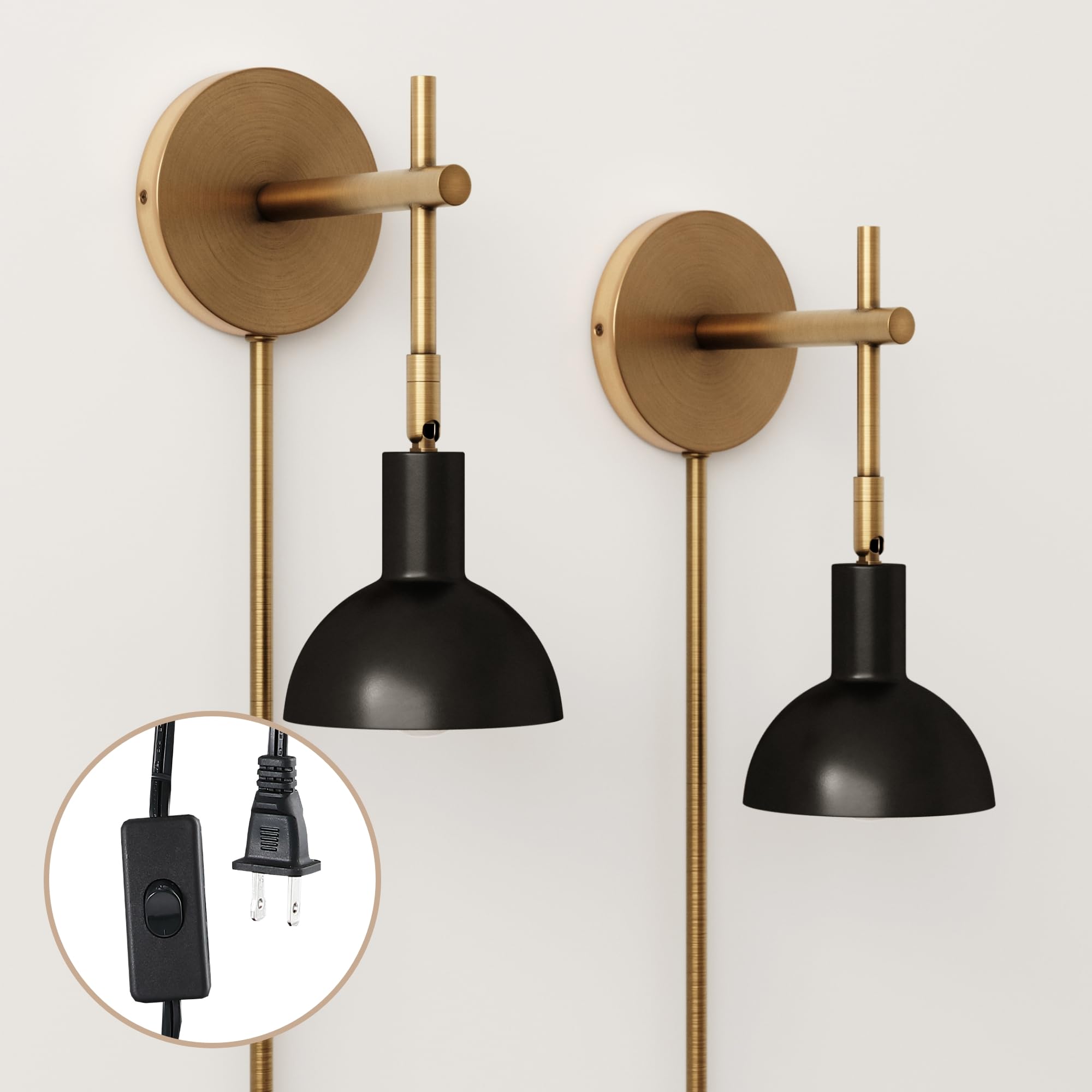 Nathan James Tamlin Wall Light Fixture, Wall Mounted 1-Light Lamp, Plugin Sconce with On/Off Switch for Living Room, Reading Nook or Bedroom, Vintage Brass/Matte Black
