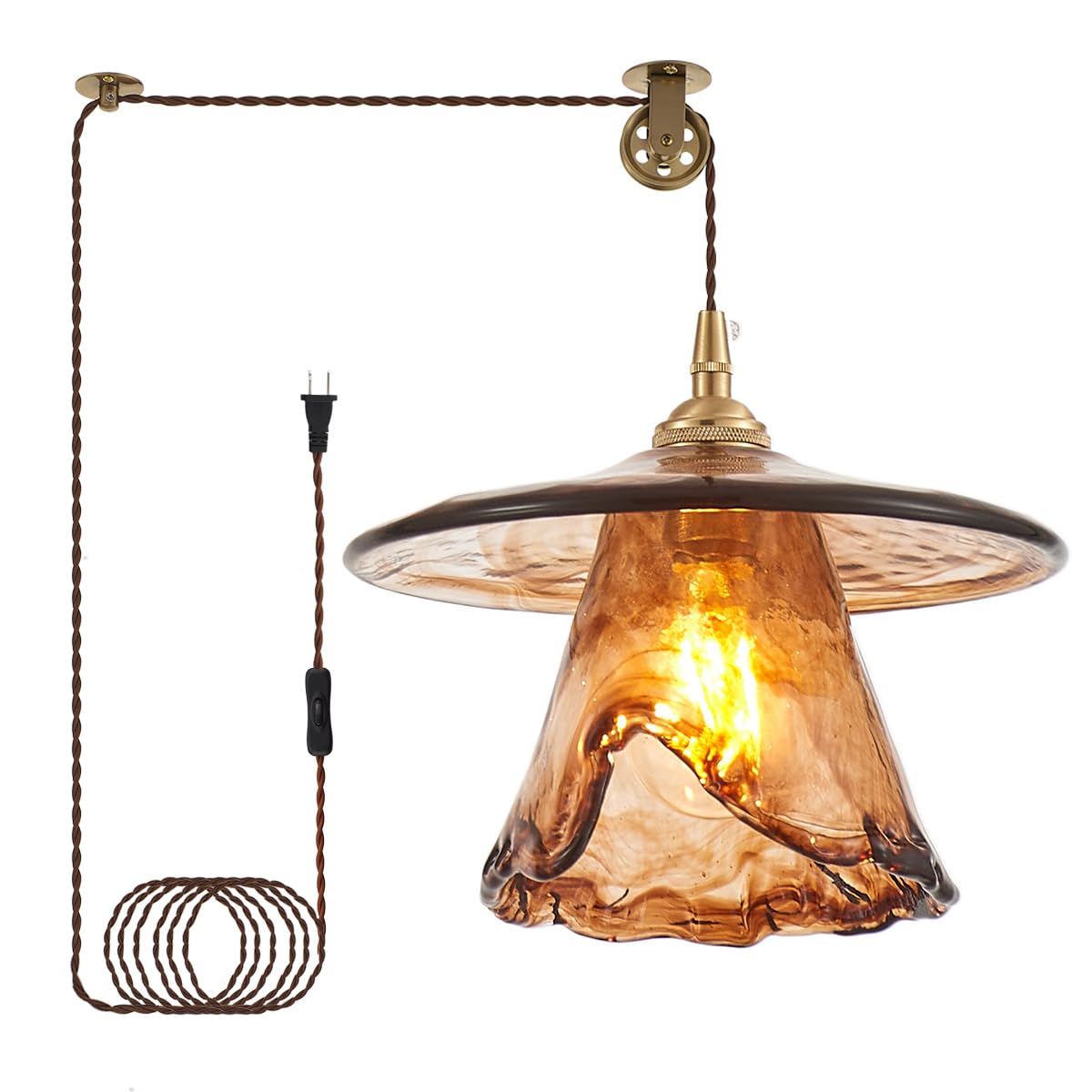 YLONG-ZS Vintage Plug in Pendant Light,Boho Hanging Lamp Plug in Pulley Green Glass Pendant Lamp,Modern Walnut Color Wood Hanging Light for Kitchen Island, Bedroom, Dining Room, Living Room