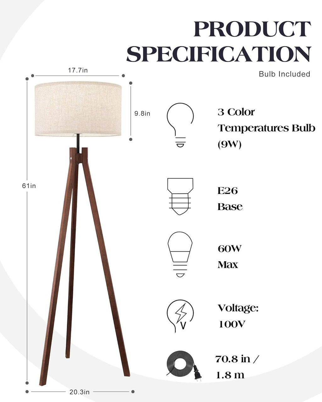 ELYONA Wood Tripod Floor Lamp, Mid Century Reading Standing Lamp with 3 Color Temperatures & Linen Shade, Modern Night Light for Bedroom, Farmhouse, Living Room, Office, 9W LED Bulb Included, Brown