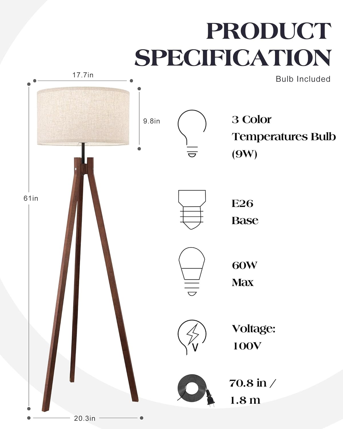 ELYONA Wood Tripod Floor Lamp, Mid Century Reading Standing Lamp with 3 Color Temperatures & Linen Shade, Modern Night Light for Bedroom, Farmhouse, Living Room, Office, 9W LED Bulb Included, Brown