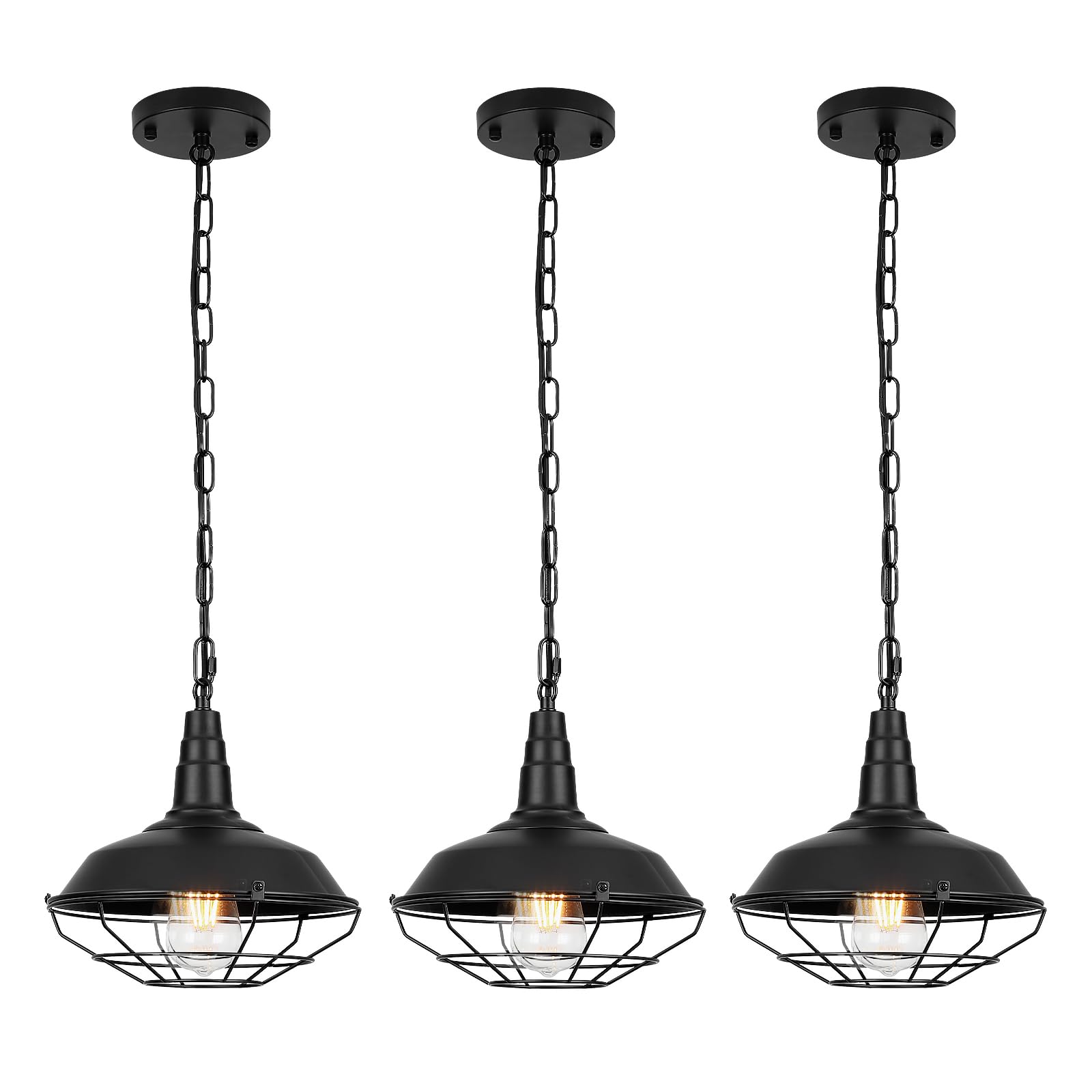 Industrial Pendant Lights 2 Pack Farmhouse Pendant Lights with Adjustable Chain, D10.2 Rustic Pendant Lighting Barn Black Metal Hanging Lights with Wire Cage for Kitchen Island Dining Room