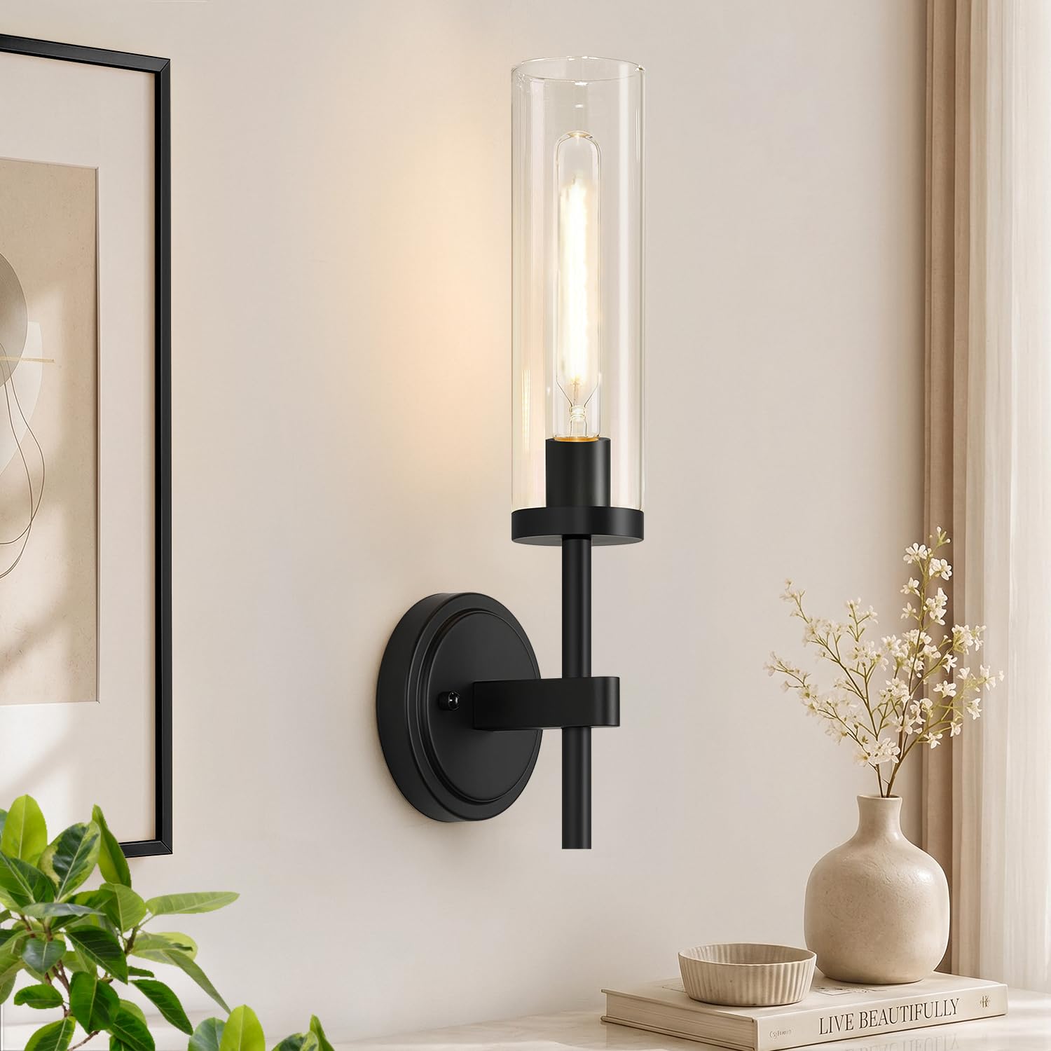 Hardwired Wall Sconces Set of Two, Matte Black Bathroom Sconces with Clear Glass, Modern Wall Light Fixtures for Bathroom Mirror Vanity, Living Room, Bedroom, Hallway, Stairway, Cabinet, Foyer