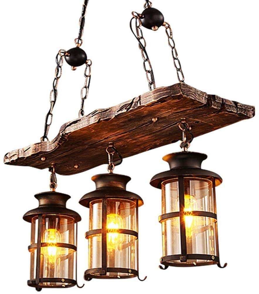 Wood Retro Pendant Lighting Industrial Vintage Chandelier Black Metal Bedroom Restaurant Suspension Lamp Cage Frame with Glass Shade House Loft Bar Coffee Decoration Ceiling Lights Fitting, E27