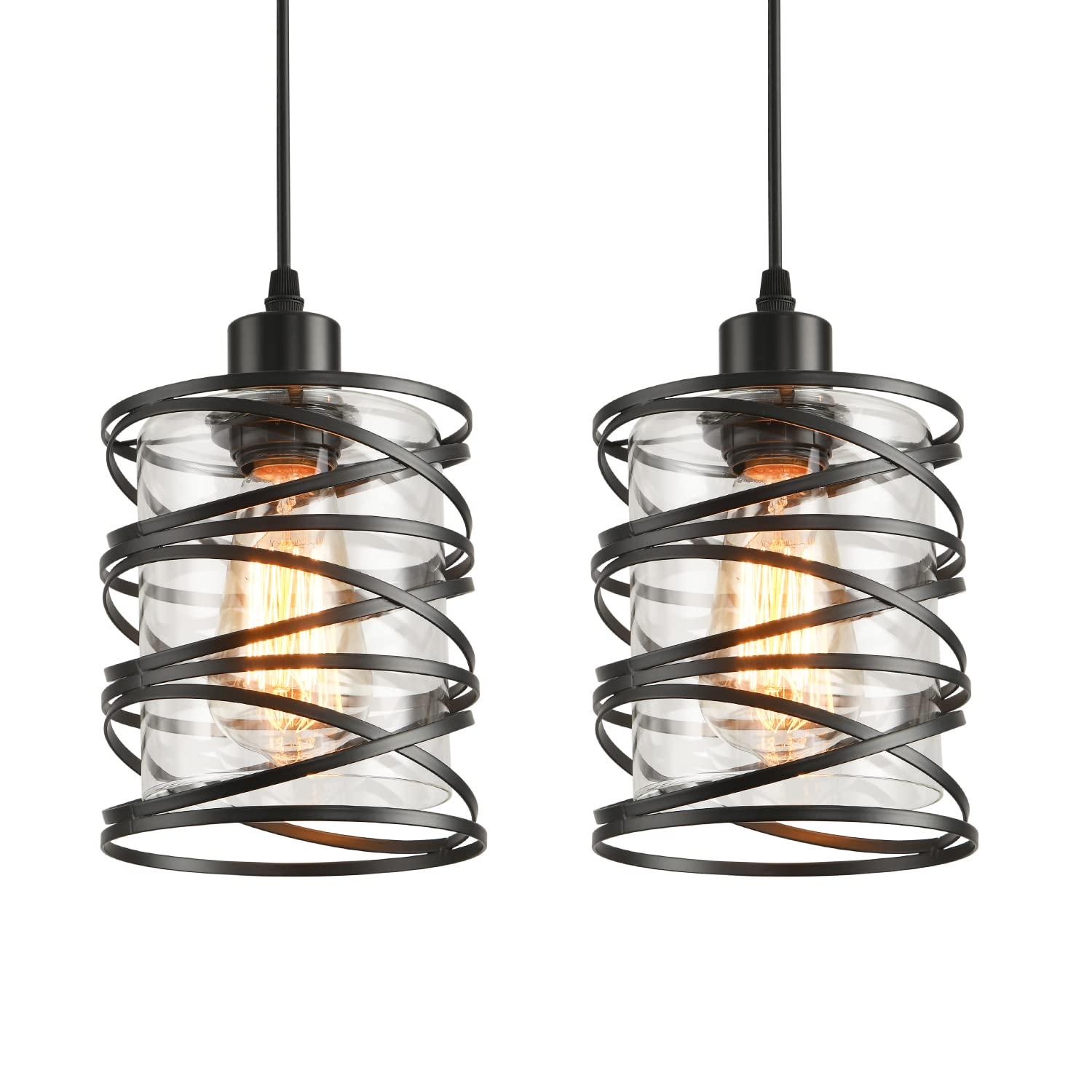 3 Pack Pendant Light Kitchen Island Pendant Lighting, Glass Hanging Light with Spiral Cage Clear Glass Shade, Black Modern Indoor Hanging Lamp