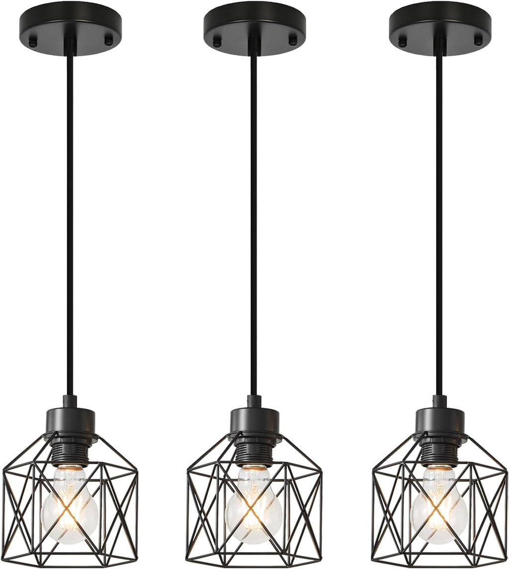 4-Light Hanging Pendant Light Fixtures, Farmhouse Kitchen Island Light Fixture, Industrial Hanging Pendant Lighting for Dining Room Bedroom Hallway, Black Metal Cage Pendant Lamp, E26 Base