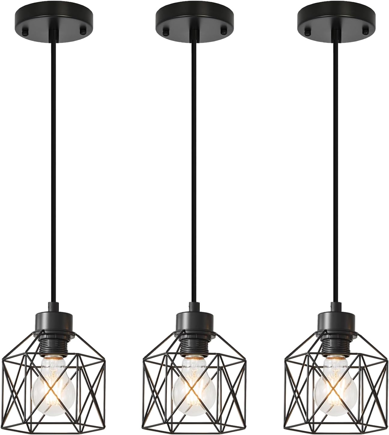 4-Light Hanging Pendant Light Fixtures, Farmhouse Kitchen Island Light Fixture, Industrial Hanging Pendant Lighting for Dining Room Bedroom Hallway, Black Metal Cage Pendant Lamp, E26 Base