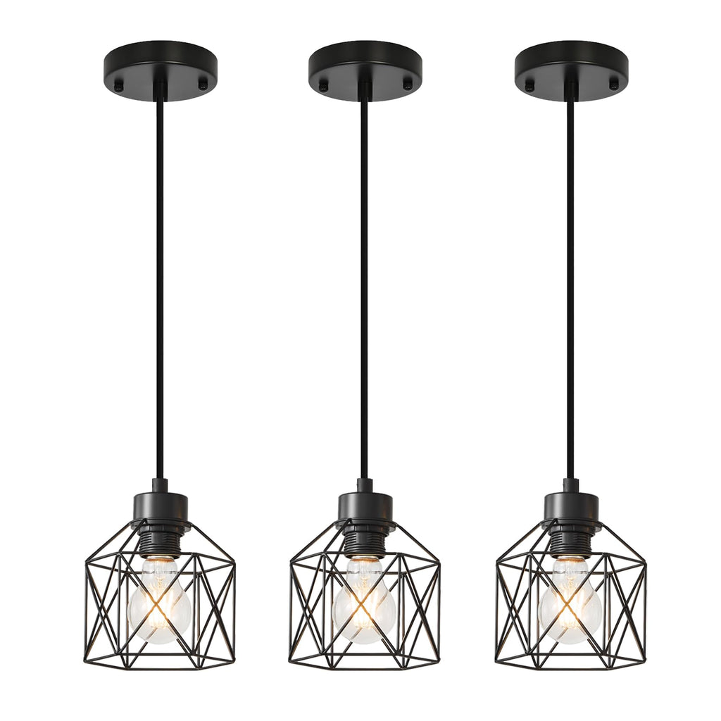 4-Light Hanging Pendant Light Fixtures, Farmhouse Kitchen Island Light Fixture, Industrial Hanging Pendant Lighting for Dining Room Bedroom Hallway, Black Metal Cage Pendant Lamp, E26 Base