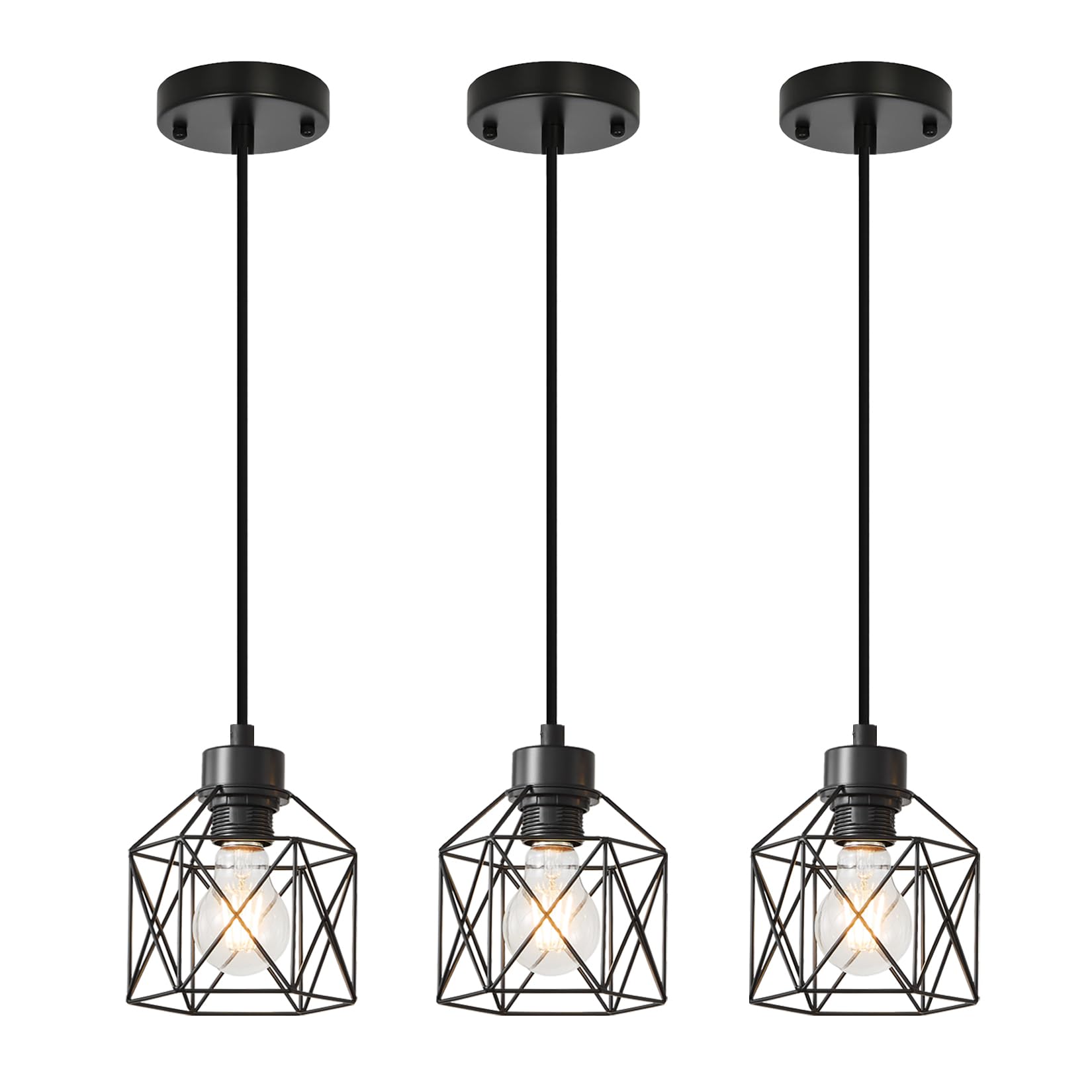 4-Light Hanging Pendant Light Fixtures, Farmhouse Kitchen Island Light Fixture, Industrial Hanging Pendant Lighting for Dining Room Bedroom Hallway, Black Metal Cage Pendant Lamp, E26 Base