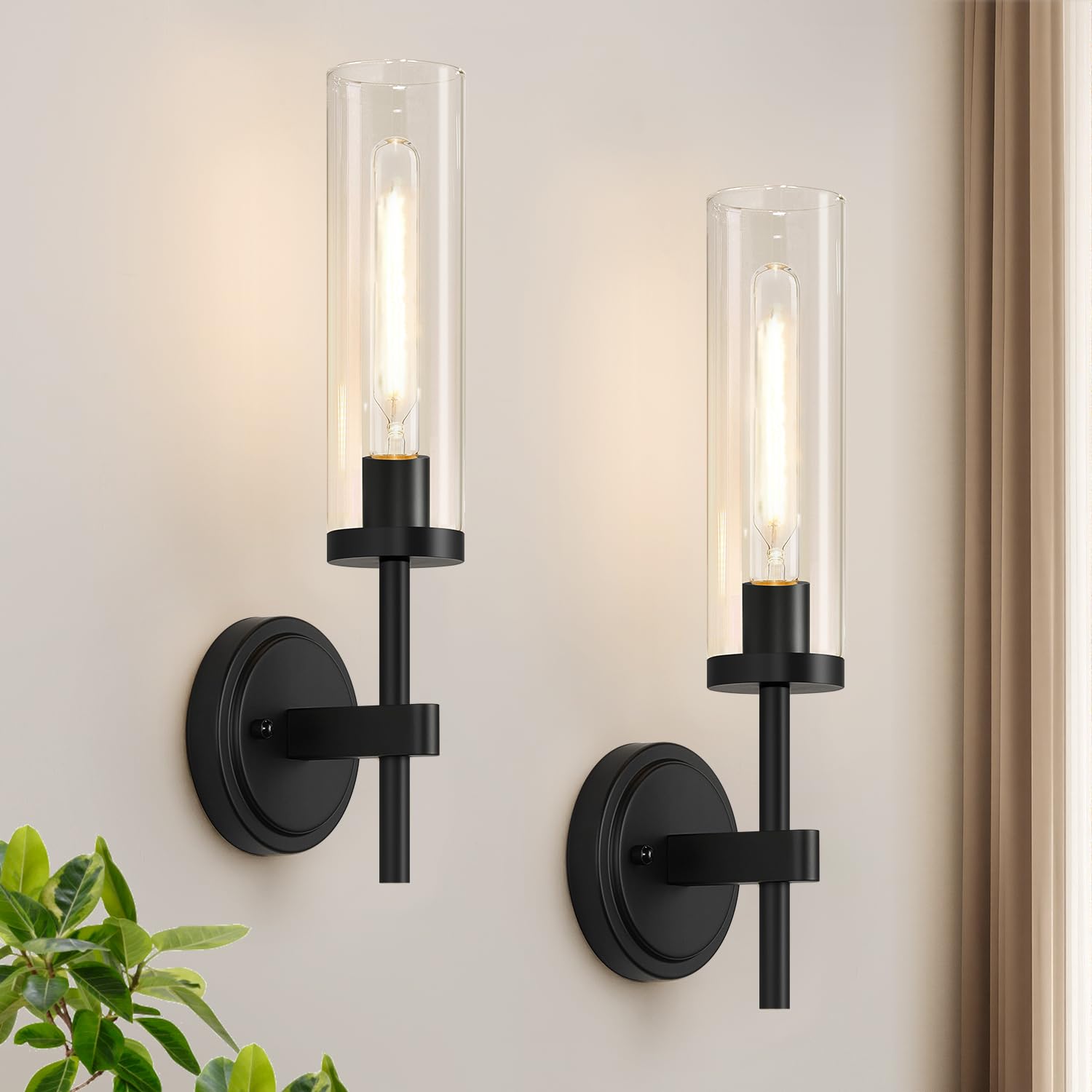 Hardwired Wall Sconces Set of Two, Matte Black Bathroom Sconces with Clear Glass, Modern Wall Light Fixtures for Bathroom Mirror Vanity, Living Room, Bedroom, Hallway, Stairway, Cabinet, Foyer