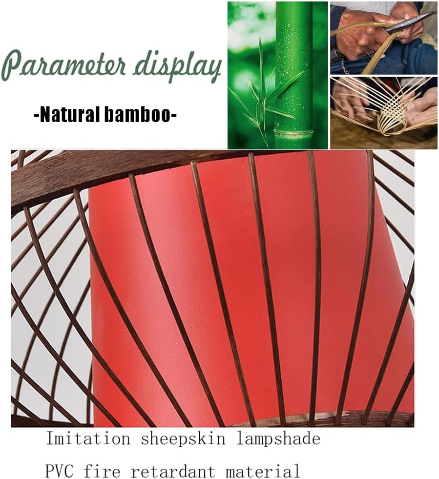 Traditional Antique Pendant Light Chinese Bamboo Cage Hanging Ceiling Lamp with Red Imitation Parchment Lampshade Large Wicker Restaurant Cafe Corridor Decor Light Fixture 17.7"