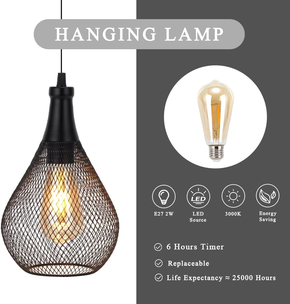 JHY DESIGN Hanging Lamp Set of 2 Battery Operated Cordless Lamps Metal Cage Pendant Light with 6 Hours Timer Great for Parties Patio Events for Indoors Outdoors(Teardrop Shape)