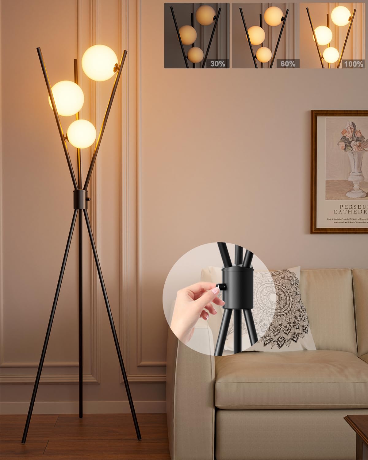 3 Globe Dimmable Tripod Floor Lamp, Mid Century Standing Lamps with 3Pcs 3000K Bulbs Included, Modern Tall Lamp for Living Room Bedroom Office-Gold