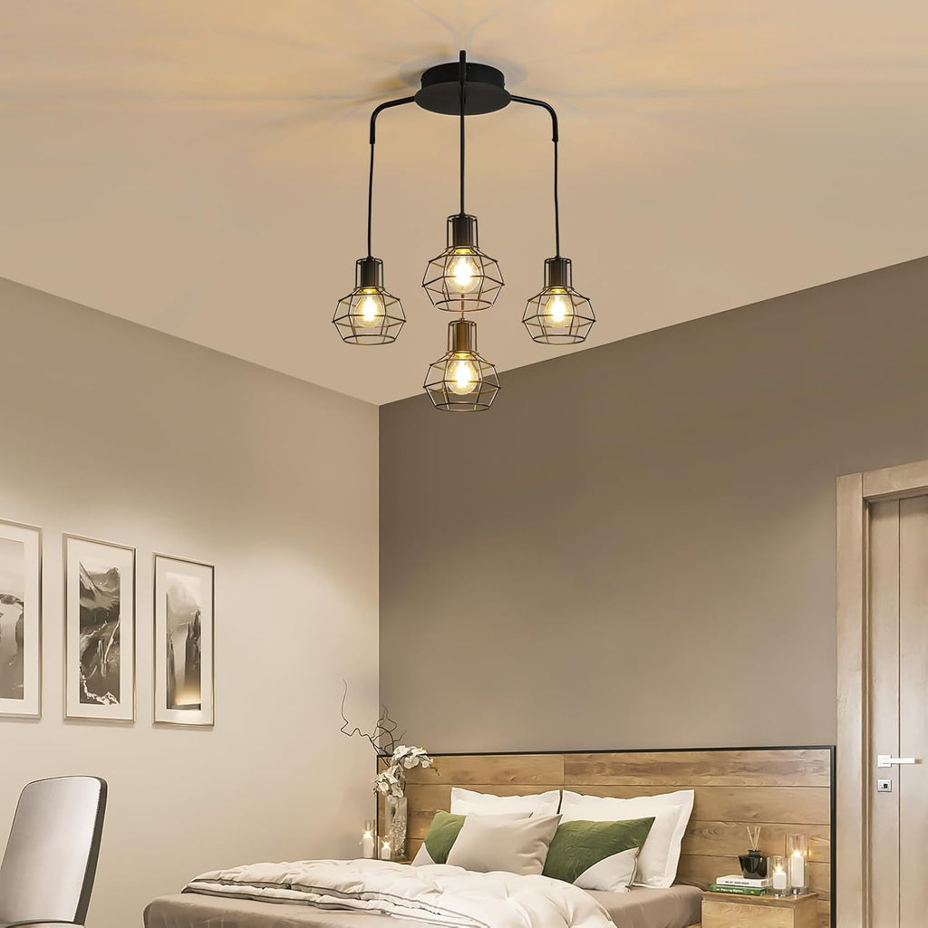 4-Light Pendant Light Fixtures, Industrial Farmhouse Hanging Lighting, Black Metal Cage Dining Room Chandelier, Height Adjustable Multi-Light Ceiling Lamp for Kitchen Island, Foyer, Entryway, E26 Base