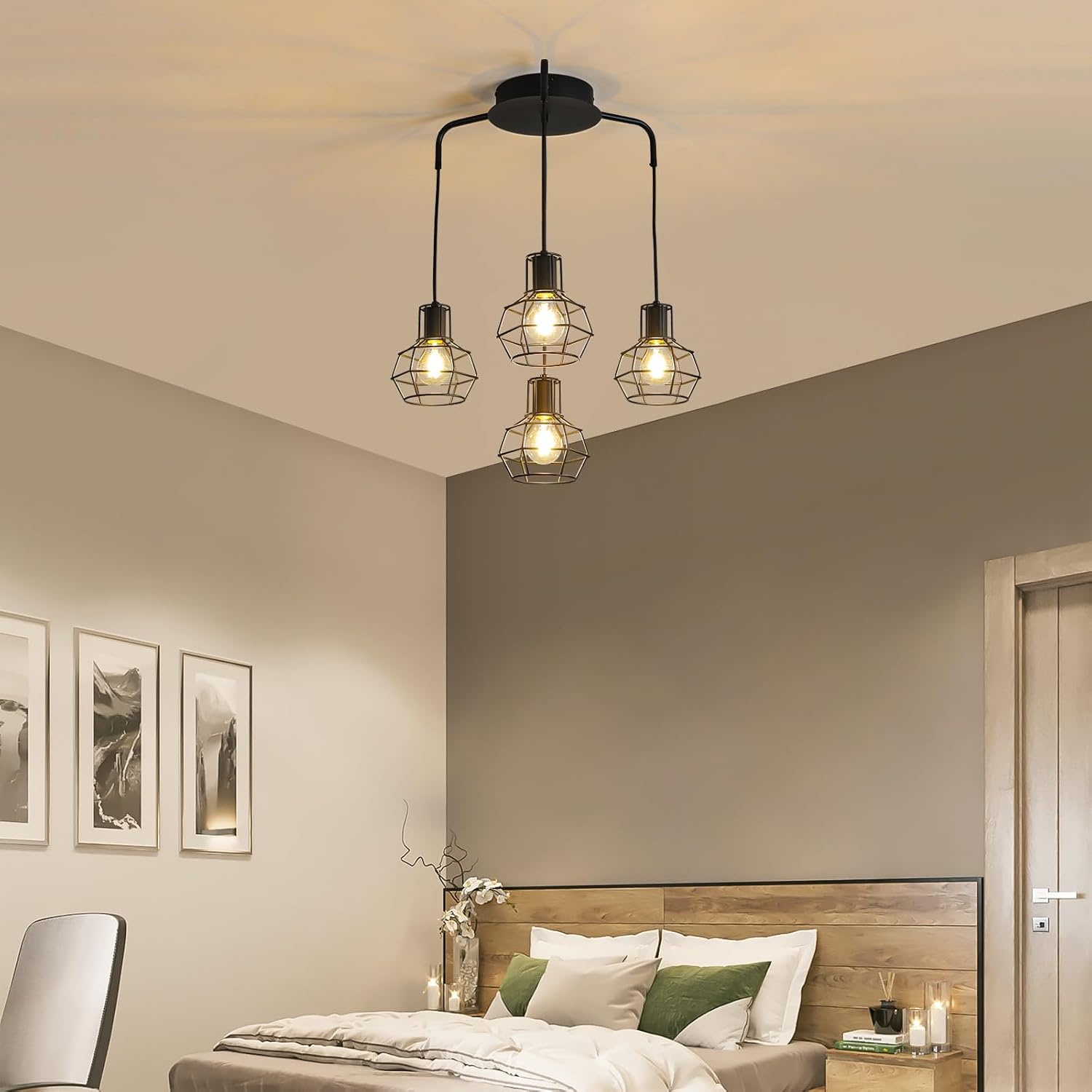 4-Light Pendant Light Fixtures, Industrial Farmhouse Hanging Lighting, Black Metal Cage Dining Room Chandelier, Height Adjustable Multi-Light Ceiling Lamp for Kitchen Island, Foyer, Entryway, E26 Base