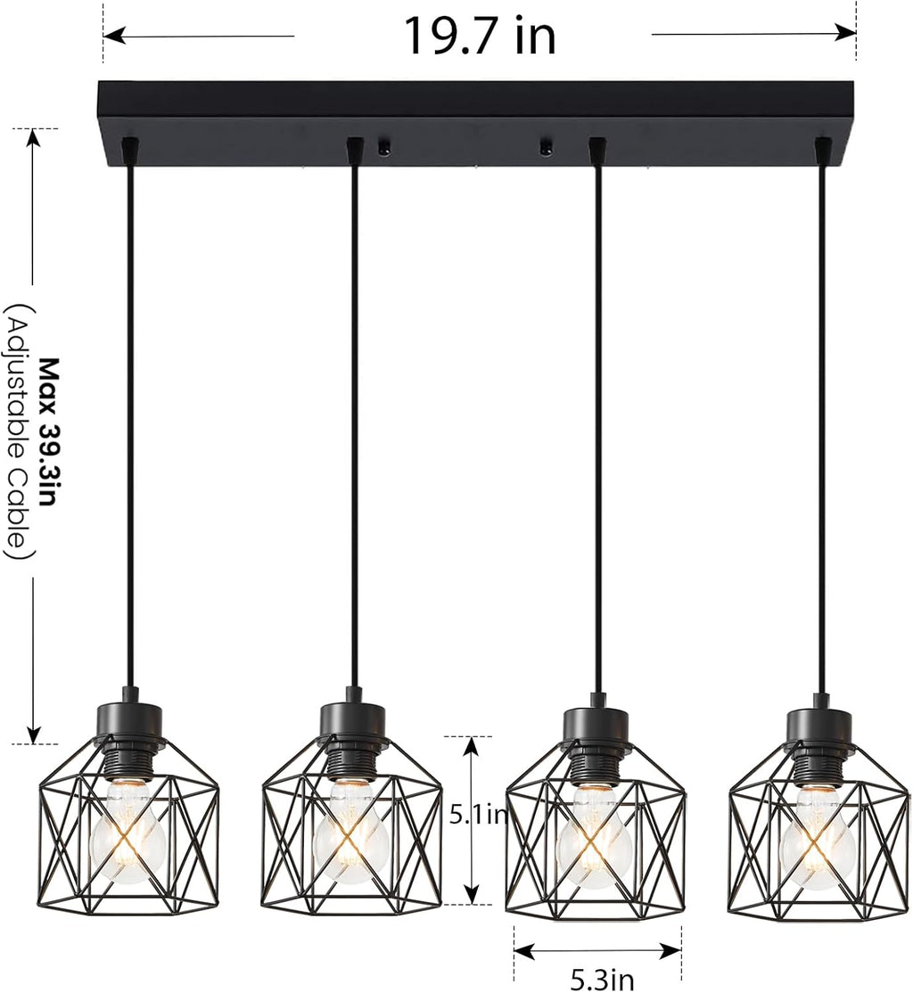4-Light Hanging Pendant Light Fixtures, Farmhouse Kitchen Island Light Fixture, Industrial Hanging Pendant Lighting for Dining Room Bedroom Hallway, Black Metal Cage Pendant Lamp, E26 Base