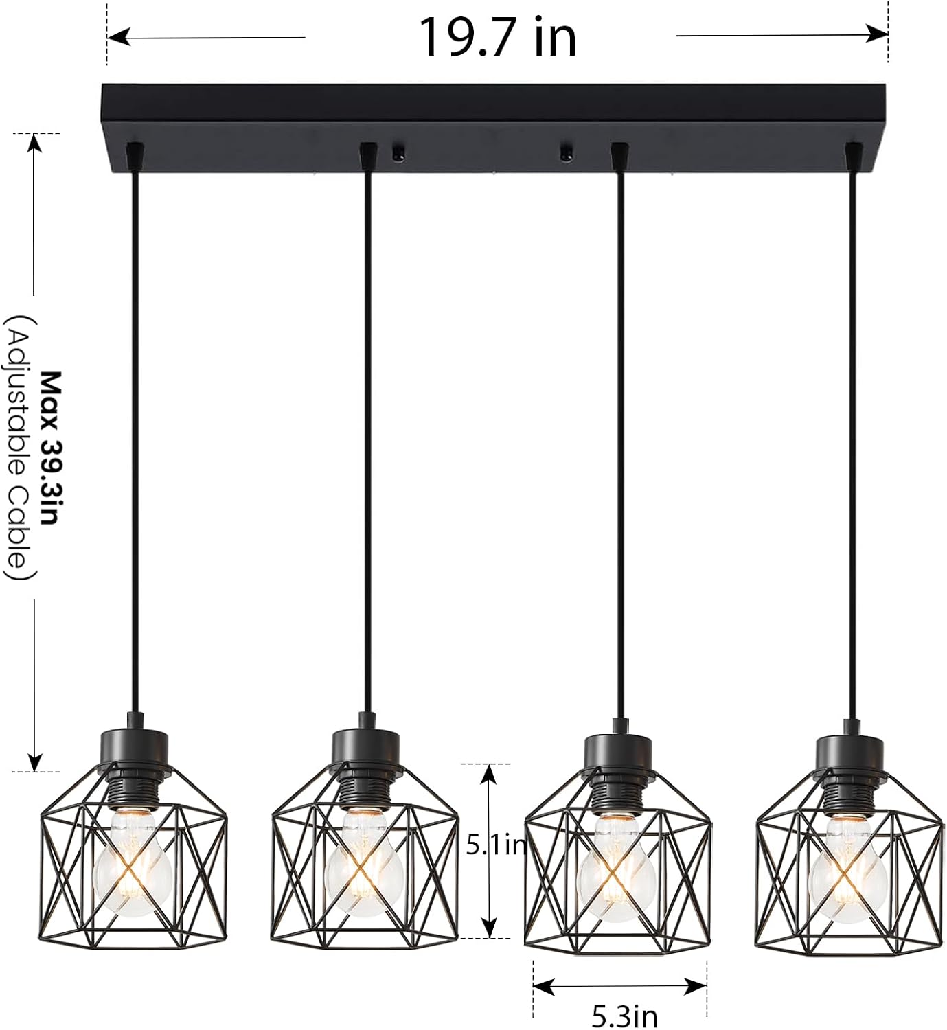 4-Light Hanging Pendant Light Fixtures, Farmhouse Kitchen Island Light Fixture, Industrial Hanging Pendant Lighting for Dining Room Bedroom Hallway, Black Metal Cage Pendant Lamp, E26 Base