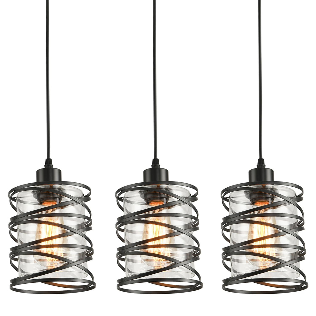 3 Pack Pendant Light Kitchen Island Pendant Lighting, Glass Hanging Light with Spiral Cage Clear Glass Shade, Black Modern Indoor Hanging Lamp