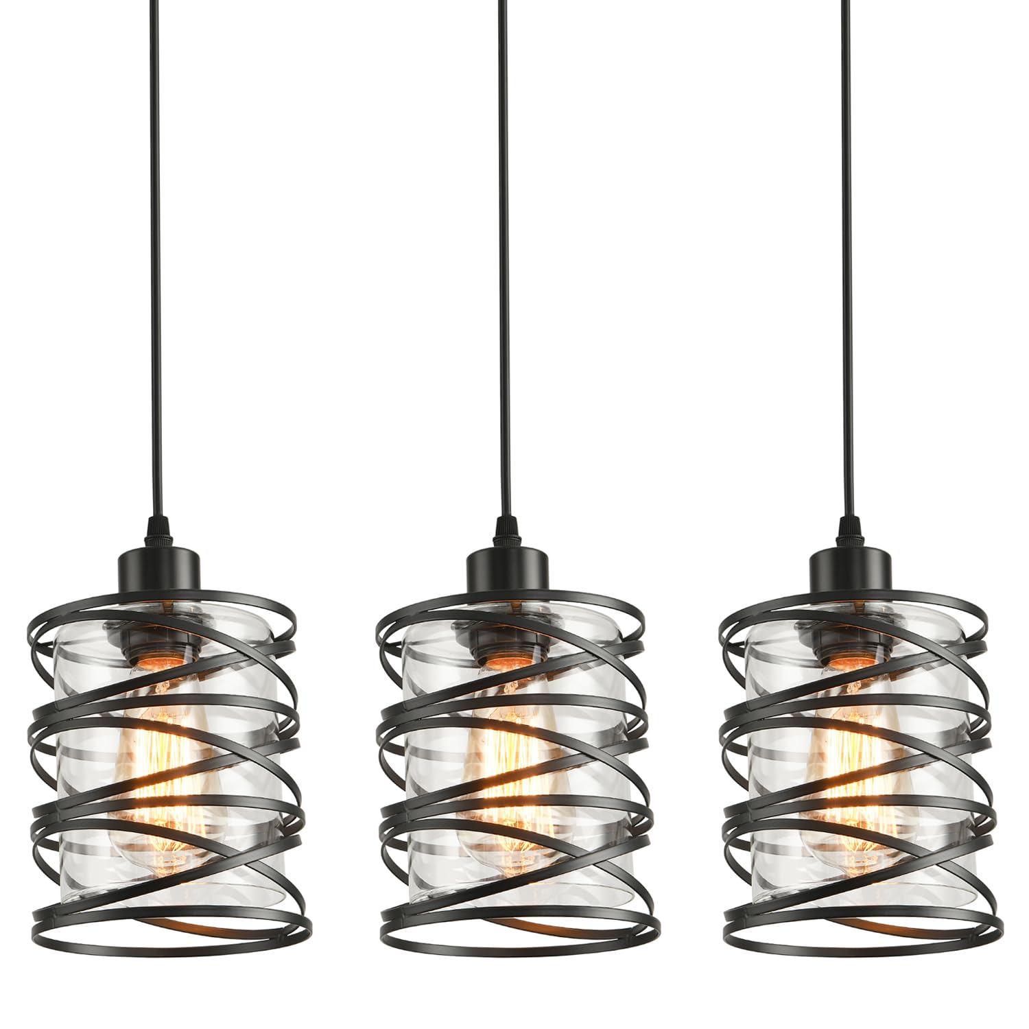 3 Pack Pendant Light Kitchen Island Pendant Lighting, Glass Hanging Light with Spiral Cage Clear Glass Shade, Black Modern Indoor Hanging Lamp