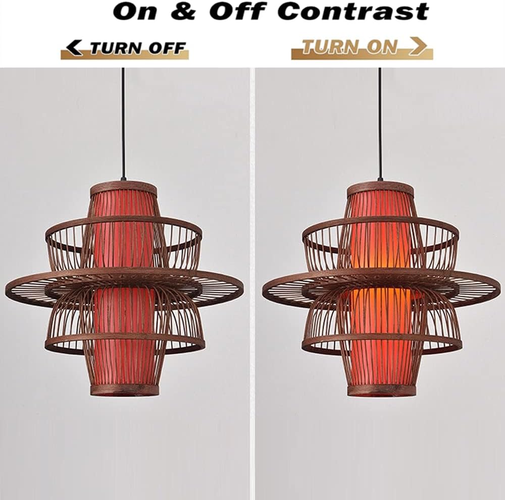 Traditional Antique Pendant Light Chinese Bamboo Cage Hanging Ceiling Lamp with Red Imitation Parchment Lampshade Large Wicker Restaurant Cafe Corridor Decor Light Fixture 17.7"
