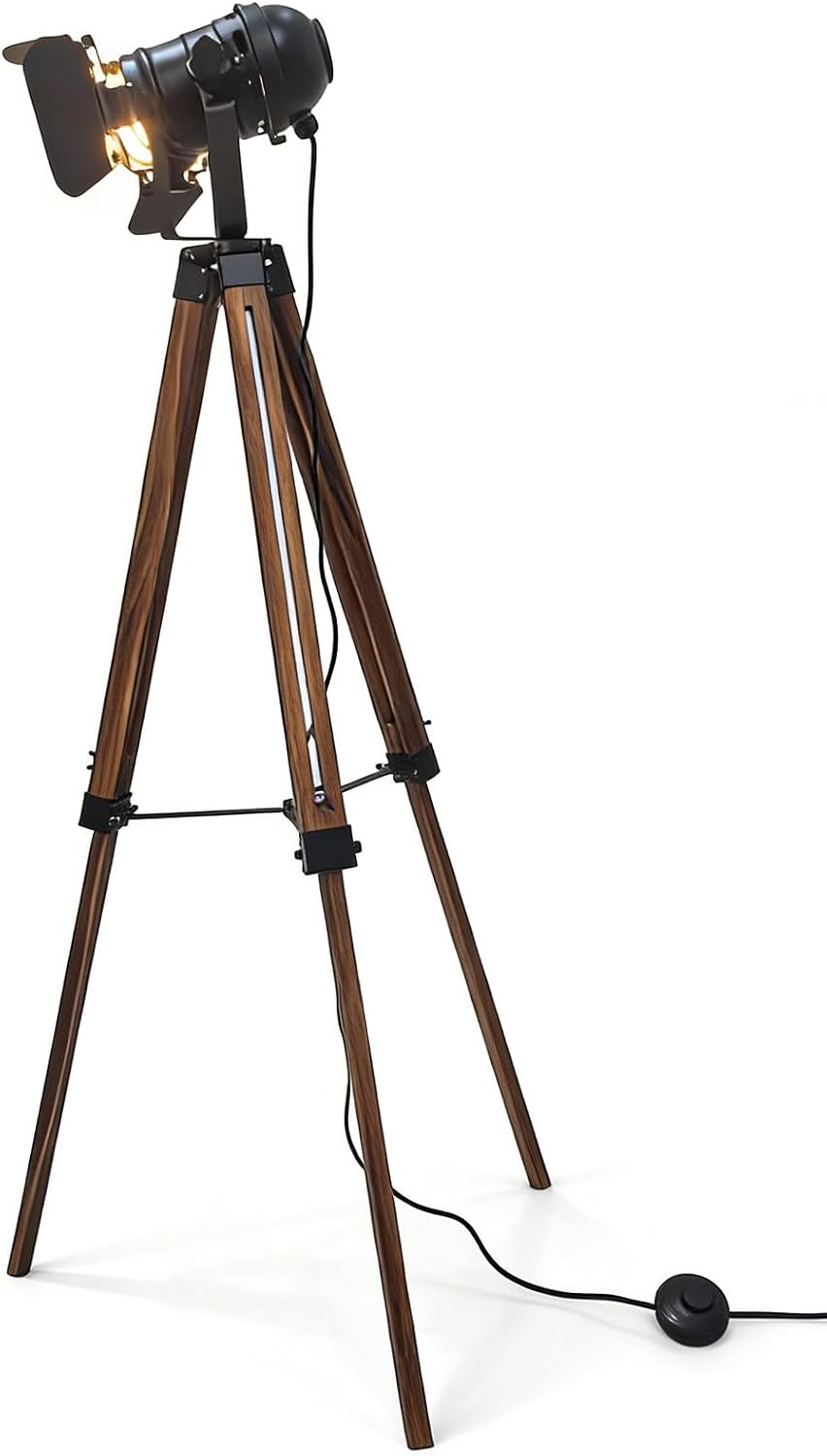 Industrial Tripod Floor Lamp for Living Room Weather Wood Standing Large Lighting Black Adjustable Cinema Metal Lampshade Studio Lights E27 Socket Retro Floor Light for Bedroom Office Reading
