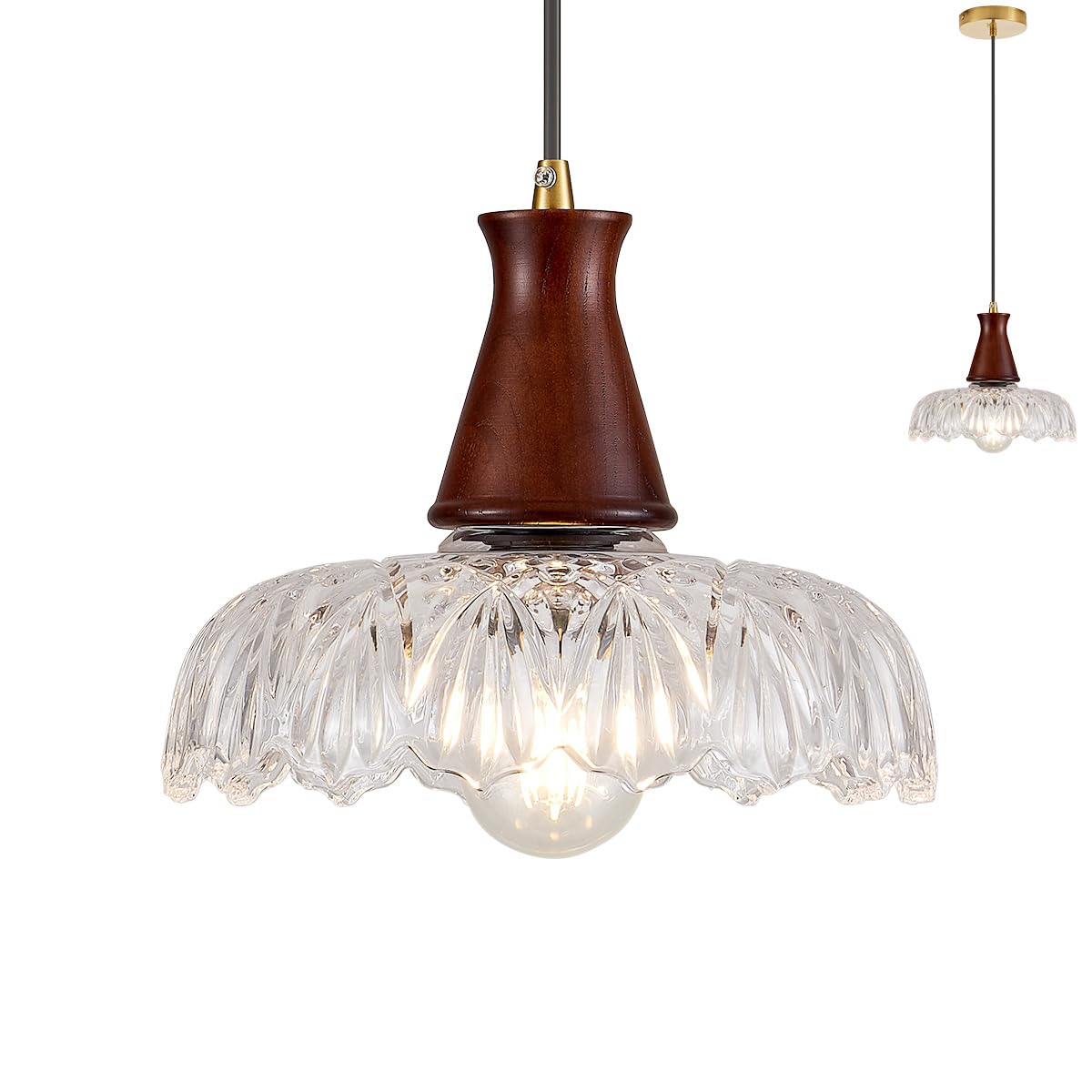 YLONG-ZS Vintage Plug in Pendant Light,Boho Hanging Lamp Plug in Pulley Green Glass Pendant Lamp,Modern Walnut Color Wood Hanging Light for Kitchen Island, Bedroom, Dining Room, Living Room