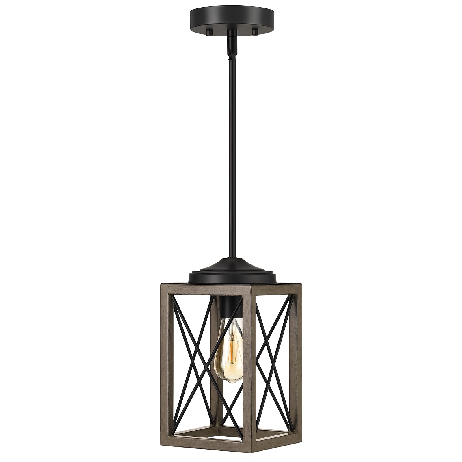 DEWENWILS Farmhouse Pendant Light, Metal Hanging Light Fixture with Wooden Grain Finish, 48 Inch Adjustable Pipes for Flat and Slop Ceiling, Kitchen Island, Bedroom, Dining Hall, E26 Base