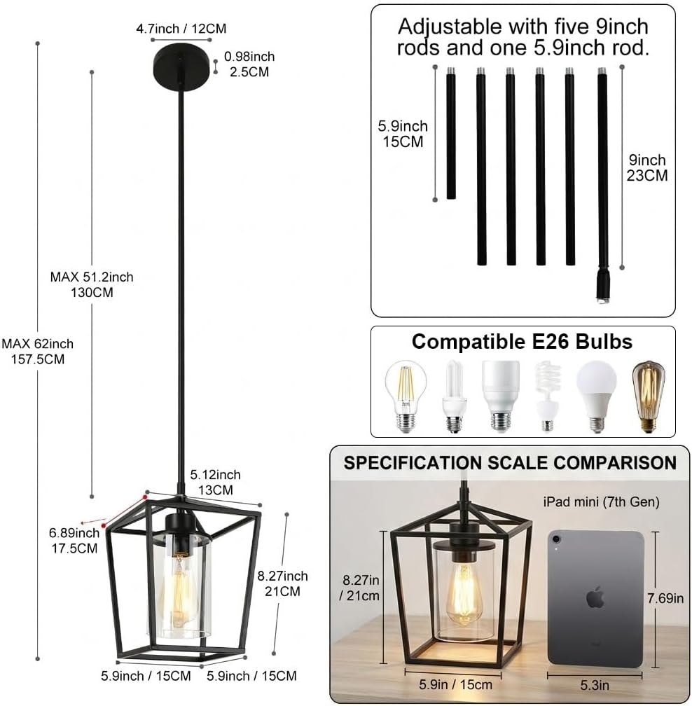 2 Pack 1-Light Black Pendant Lights for Kitchen Island, Farmhouse Metal Pendant Light Iron Cage Hanging Light Fixtures with Clear Glass Shade for Dining Room, Entryway, Hallway, Foyer