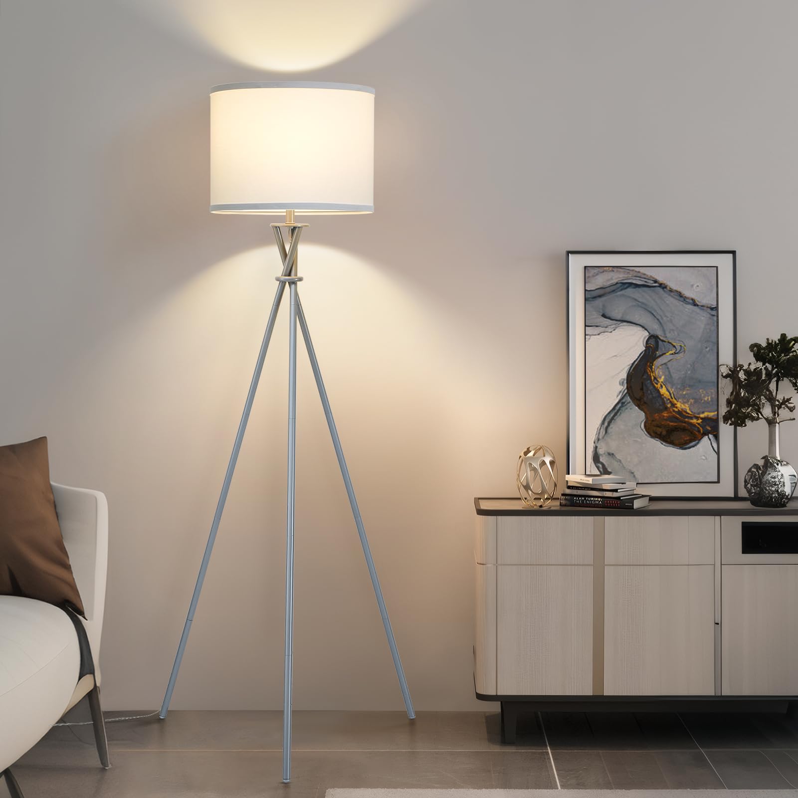 Tripod Floor Lamp Black, 61” Tall Floor Lamps, Standing Lamp with Rotary Switch, Modern Floor Lamp Simple Design with Beige Shade, Floor Lamps for Living Room, Bedroom, Office, Without Bulb