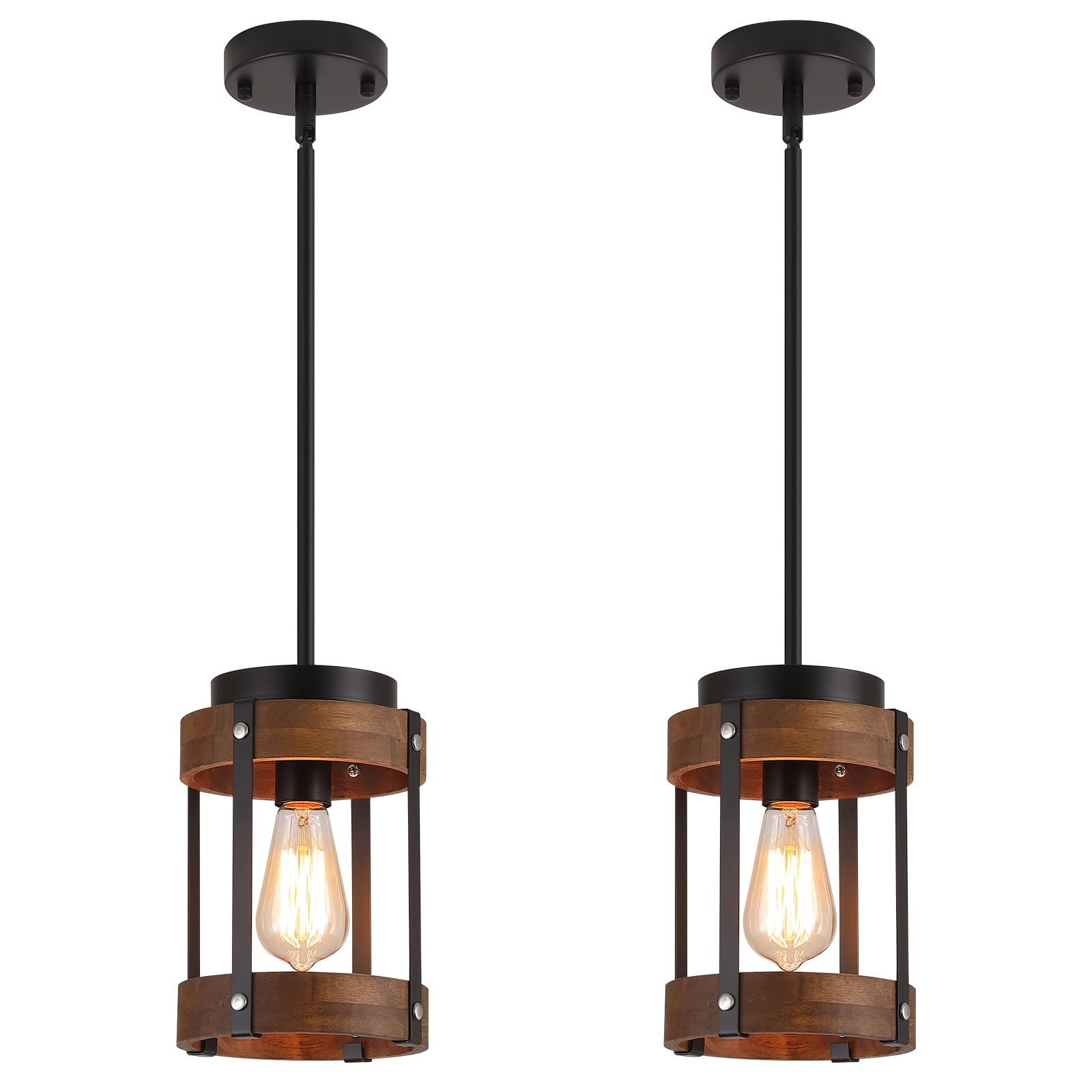 2 Pack Rustic Farmhouse Wood Pendant Light Fixture One-Light Adjustable Rods Oak Wood and Metal Drum Cage Small Pendant Lighting for Kitchen Island Sink Hallway Bathroom Bar Farmhouse, Black