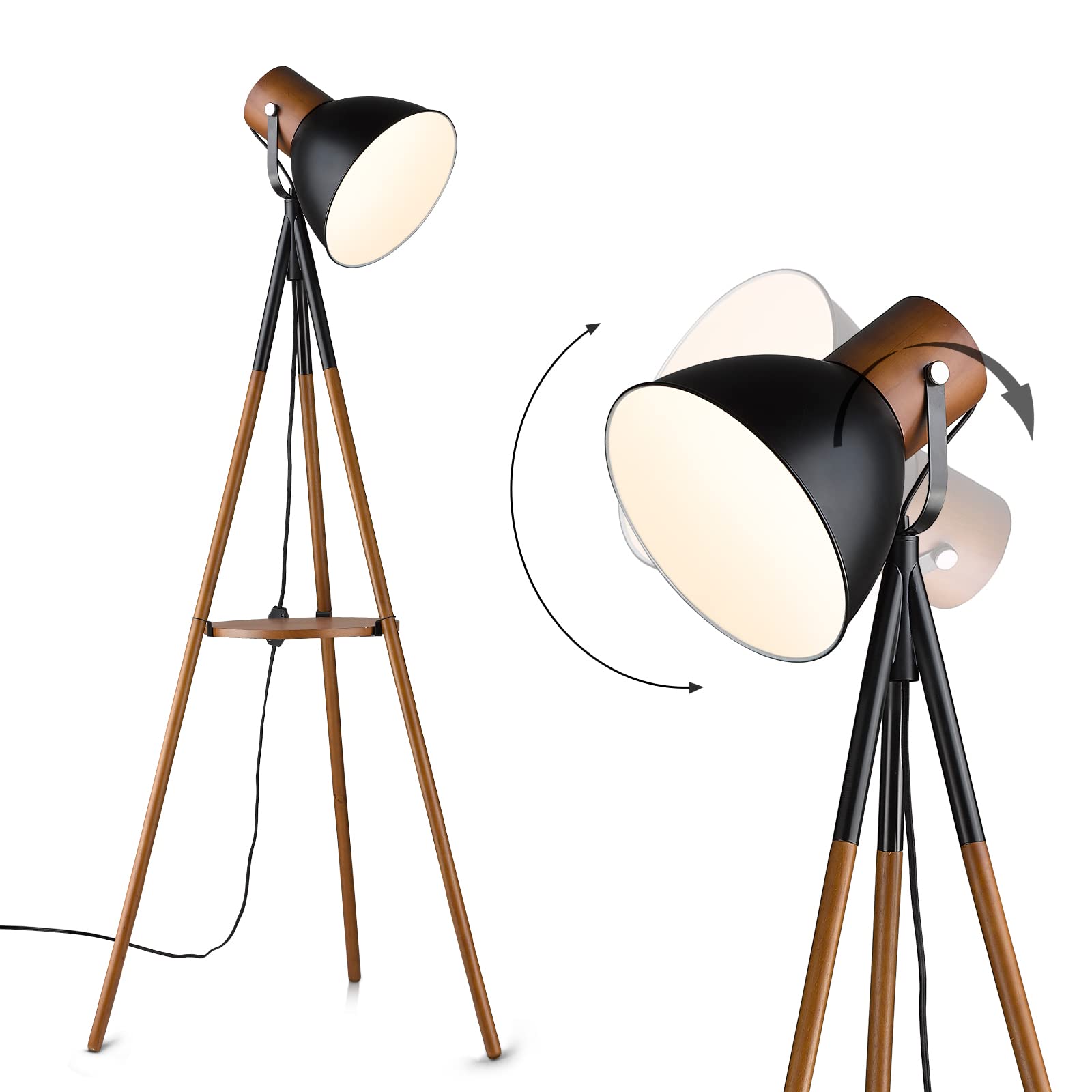 ELYONA Tripod Floor Lamp with Table, Mid Century Wood Shelf Standing Light Modern Tall Floor Lamp with Linen Shade for Living Room Bedroom Office,Dark Brown, 3 Color Temperatures LED Bulb Include