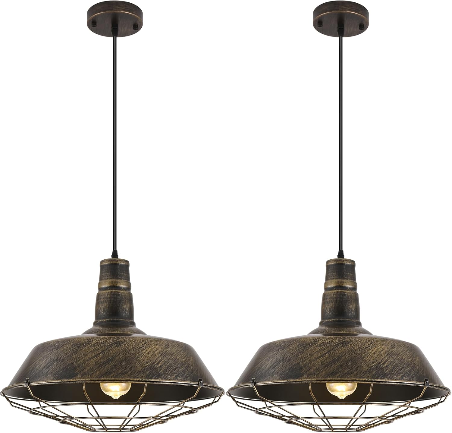 Brass Industrial Pendant Lights 2 Packs, 18.1 Inch Oversized Farmhouse Vintage Pendant Light, Black and Brass Barn Pendant Light with Wire Cage, Island Pendant Lights for Kitchen Warehouse