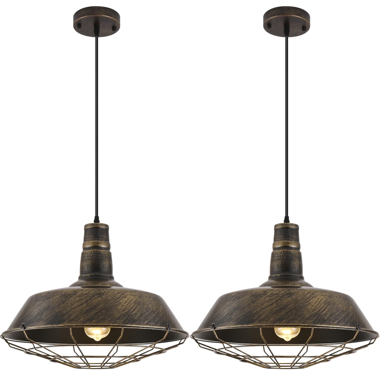 Brass Industrial Pendant Lights 2 Packs, 18.1 Inch Oversized Farmhouse Vintage Pendant Light, Black and Brass Barn Pendant Light with Wire Cage, Island Pendant Lights for Kitchen Warehouse