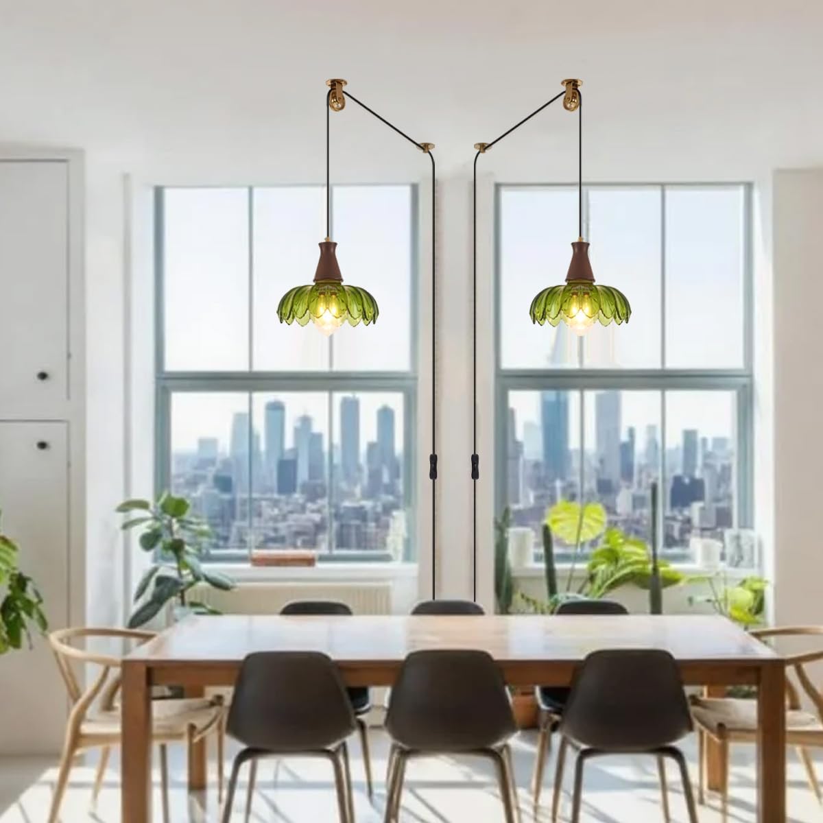 YLONG-ZS Vintage Plug in Pendant Light,Boho Hanging Lamp Plug in Pulley Green Glass Pendant Lamp,Modern Walnut Color Wood Hanging Light for Kitchen Island, Bedroom, Dining Room, Living Room