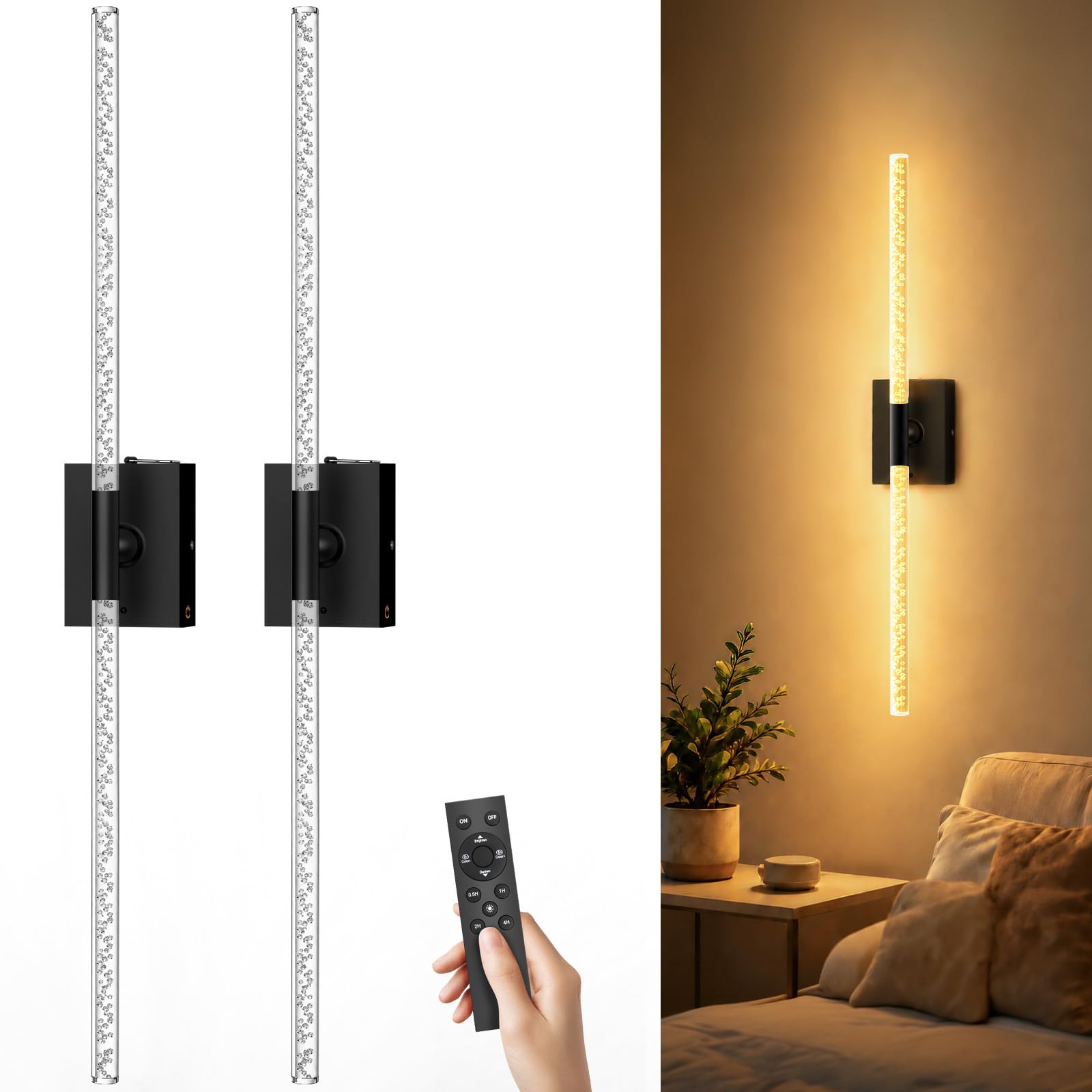 iThird Battery Operated Wall Sconces Set of 2: 10000mAh Rechargeable Wall Lights with Remote Control, 360° Rotate Wireless Wall Scone Decor for TV/Mirror Bedroom Living Room, 31.5 Inch, Black