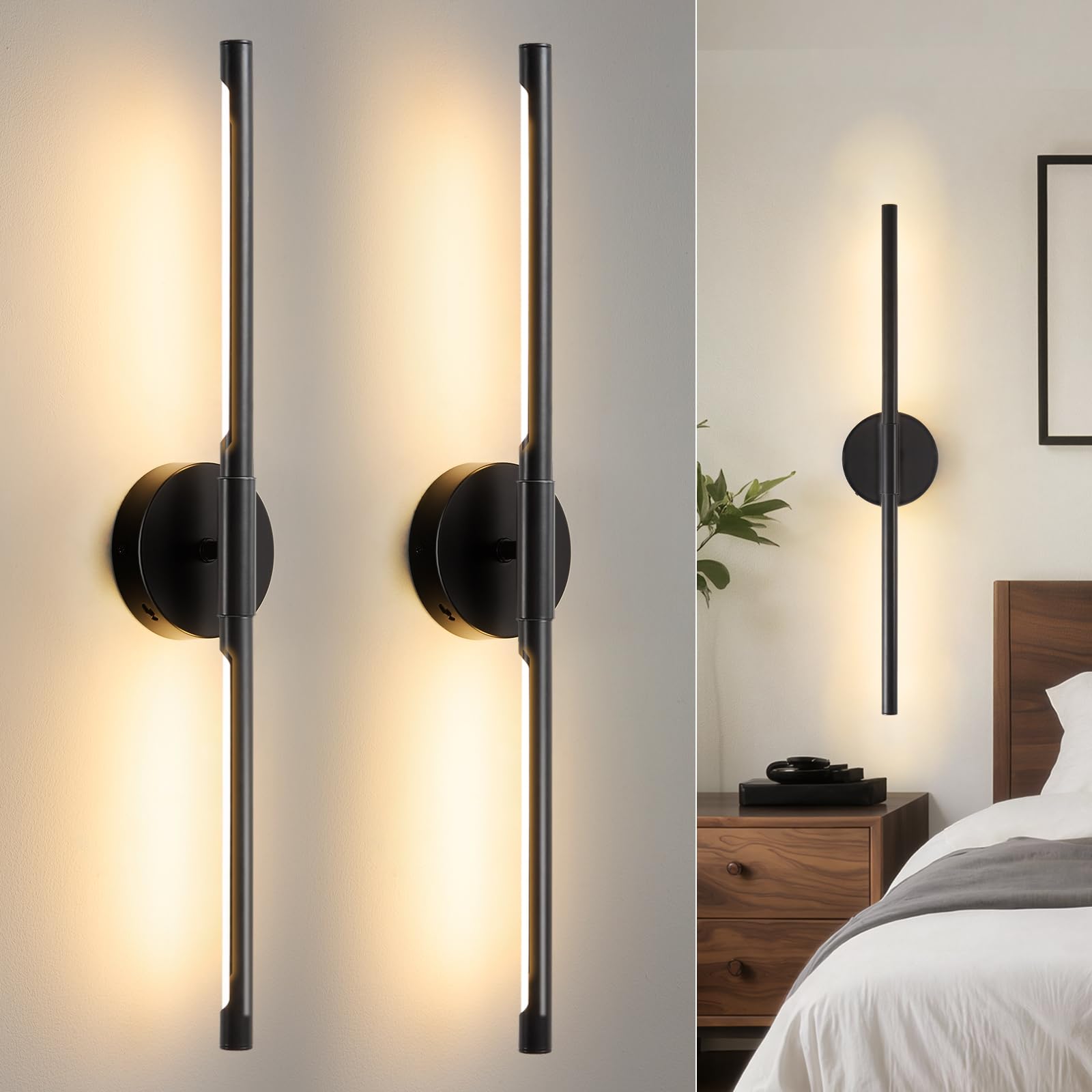 Lightania Hardwired Wall Sconces Set of Two, 24'' Modern Black LED Wall Lights, 360° Rotatable, 2700K-5000K Adjustable, 3CCT Dimmable Wall Sconce Light Fixture for Living Room Bedroom Hallway, ETL