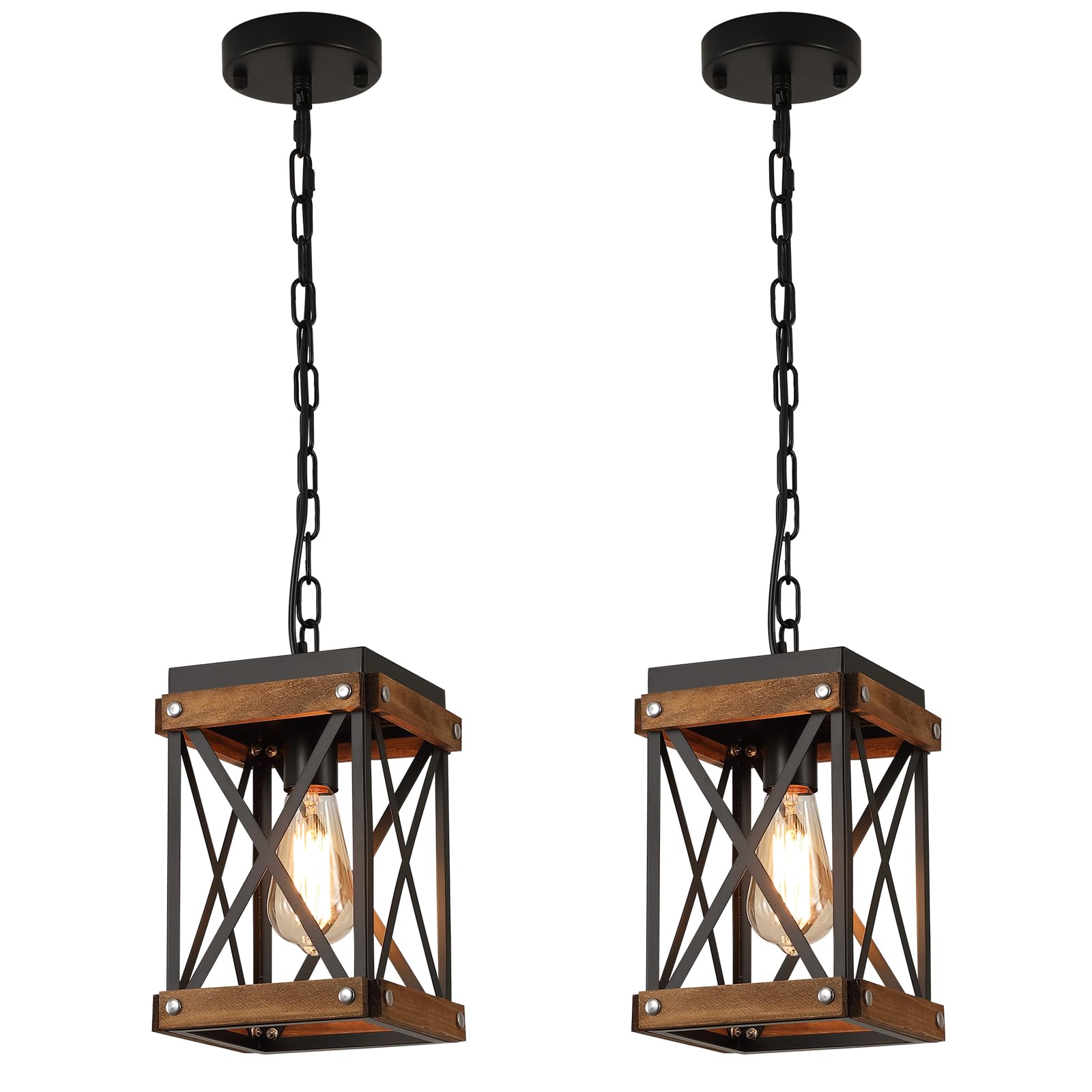 Rustic Farmhouse Wood Pendant Light Fixture One-Light Adjustable Chain Oak Wood and Metal Lantern Cage Small Pendant Lighting for Kitchen Island Sink Hallway Farmhouse Bathroom Bar, Black