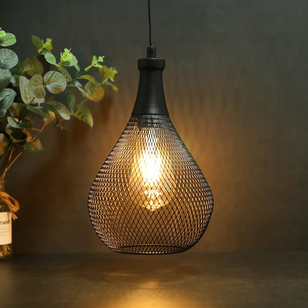 JHY DESIGN Hanging Lamp Set of 2 Battery Operated Cordless Lamps Metal Cage Pendant Light with 6 Hours Timer Great for Parties Patio Events for Indoors Outdoors(Teardrop Shape)