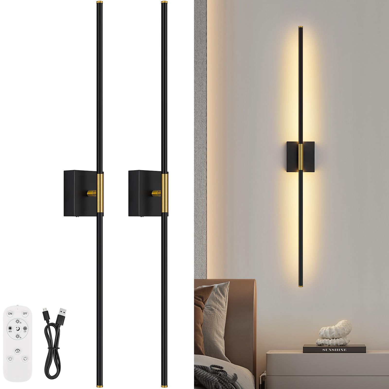 Battery Operated Wall Sconce Set of Two with Remote Control, 3000K-6000K Dimmable Black Wall Lights, Timable LED Wireless Wall Sconces, 350° Ratate for Bathroom, Living Room, Hallway 29.1 Inch