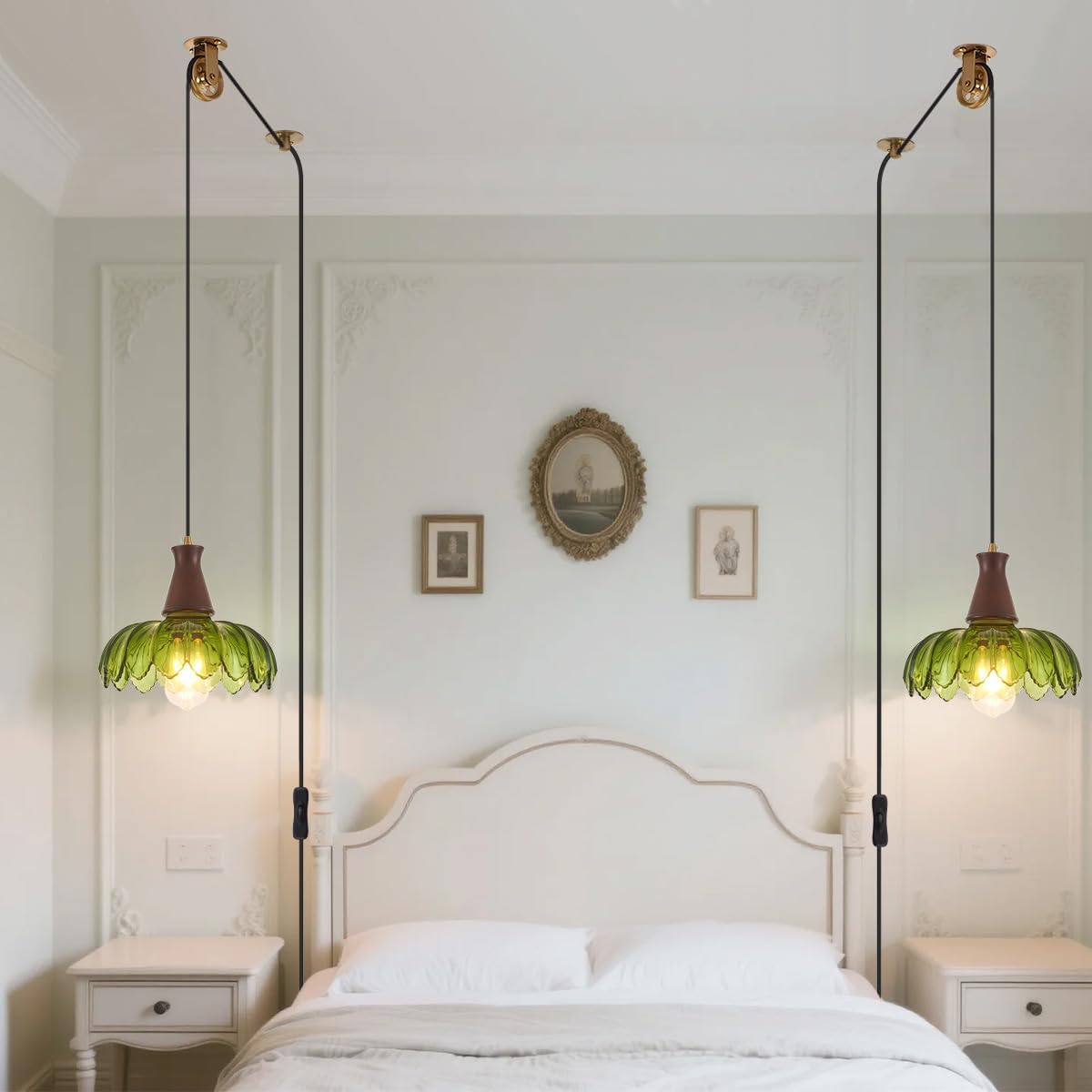 YLONG-ZS Vintage Plug in Pendant Light,Boho Hanging Lamp Plug in Pulley Green Glass Pendant Lamp,Modern Walnut Color Wood Hanging Light for Kitchen Island, Bedroom, Dining Room, Living Room