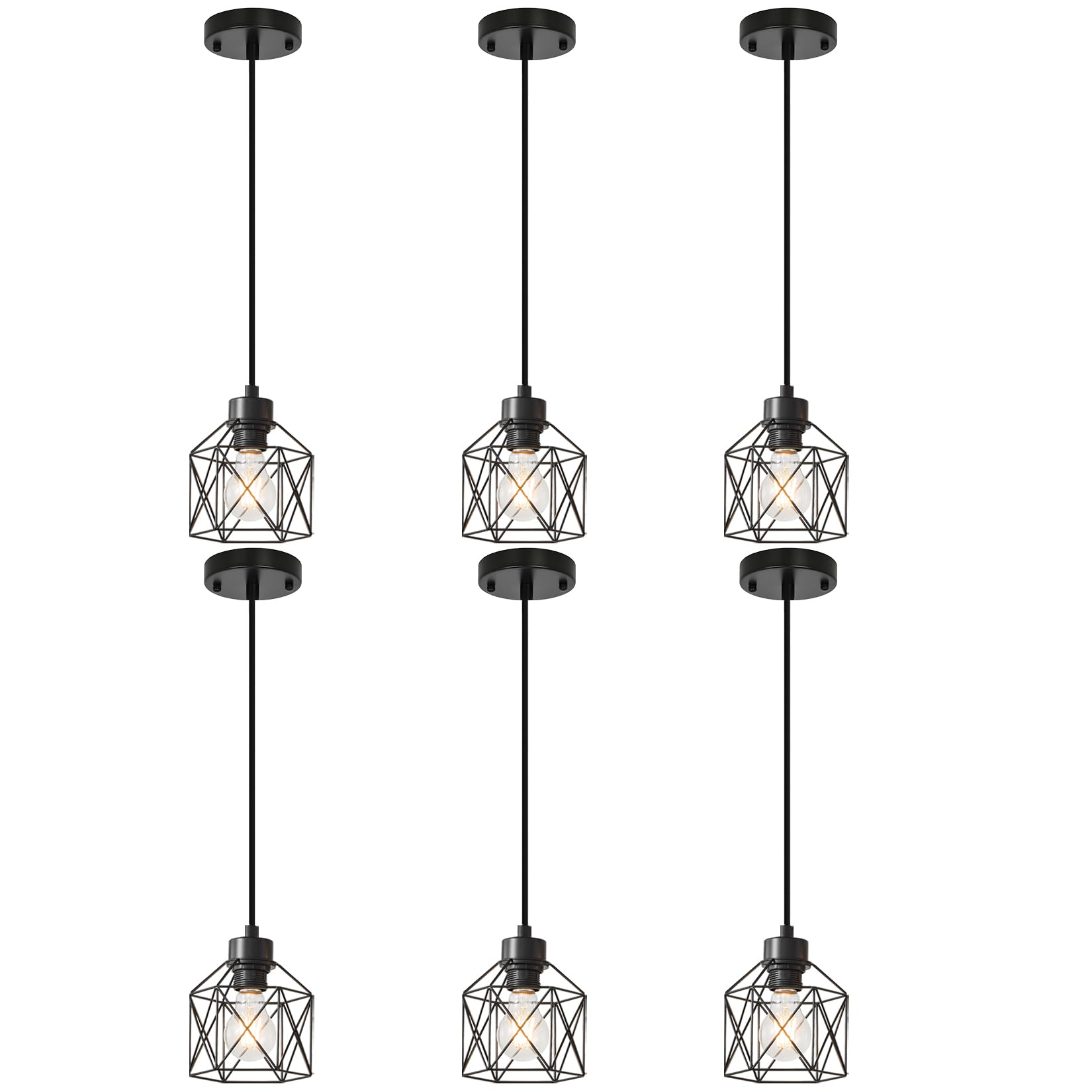 4-Light Hanging Pendant Light Fixtures, Farmhouse Kitchen Island Light Fixture, Industrial Hanging Pendant Lighting for Dining Room Bedroom Hallway, Black Metal Cage Pendant Lamp, E26 Base