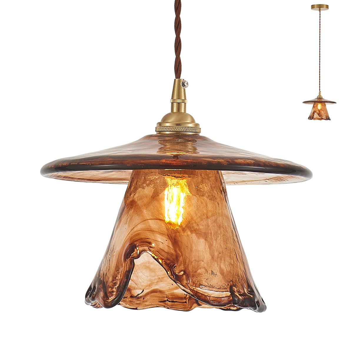 YLONG-ZS Vintage Plug in Pendant Light,Boho Hanging Lamp Plug in Pulley Green Glass Pendant Lamp,Modern Walnut Color Wood Hanging Light for Kitchen Island, Bedroom, Dining Room, Living Room