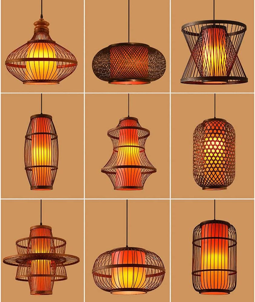 Traditional Antique Pendant Light Chinese Bamboo Cage Hanging Ceiling Lamp with Red Imitation Parchment Lampshade Large Wicker Restaurant Cafe Corridor Decor Light Fixture 17.7"