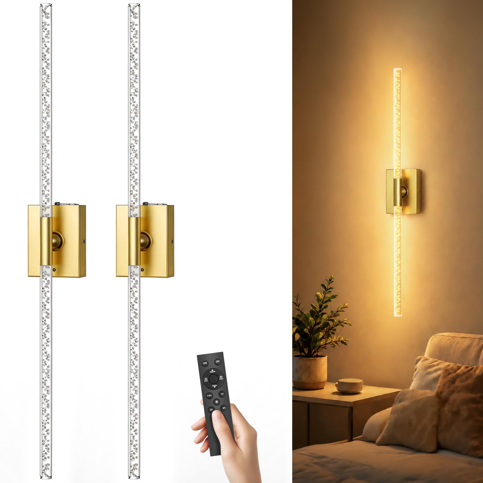 iThird Battery Operated Wall Sconces Set of 2: 10000mAh Rechargeable Wall Lights with Remote Control, 360° Rotate Wireless Wall Scone Decor for TV/Mirror Bedroom Living Room, 31.5 Inch, Black