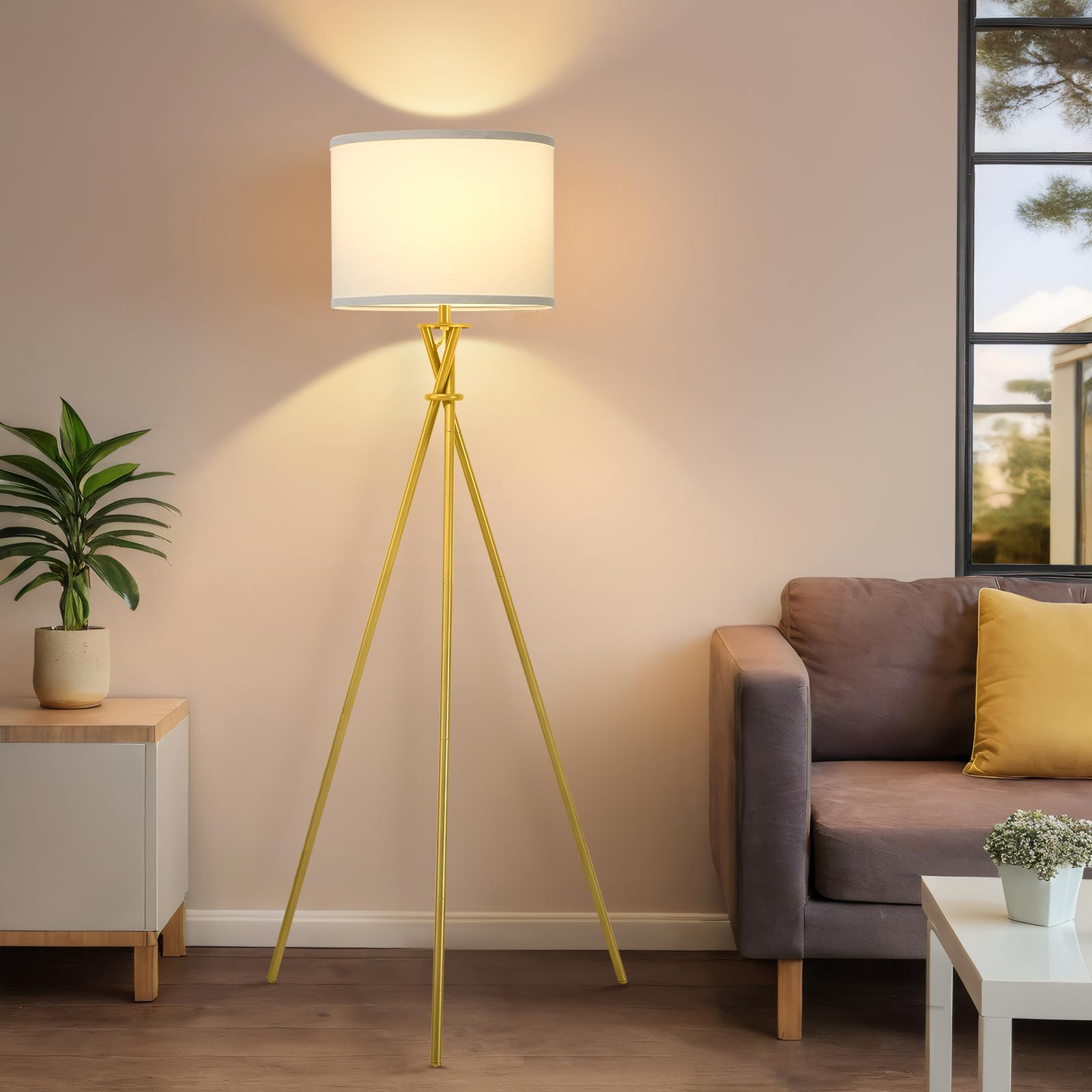 Tripod Floor Lamp Silver, 61”Tall Floor Lamps, Standing Lamp with Rotary Switch, Modern Floor Lamp Simple Design with White Shade, Floor Lamps for Living Room, Bedroom, Office, Without Bulb
