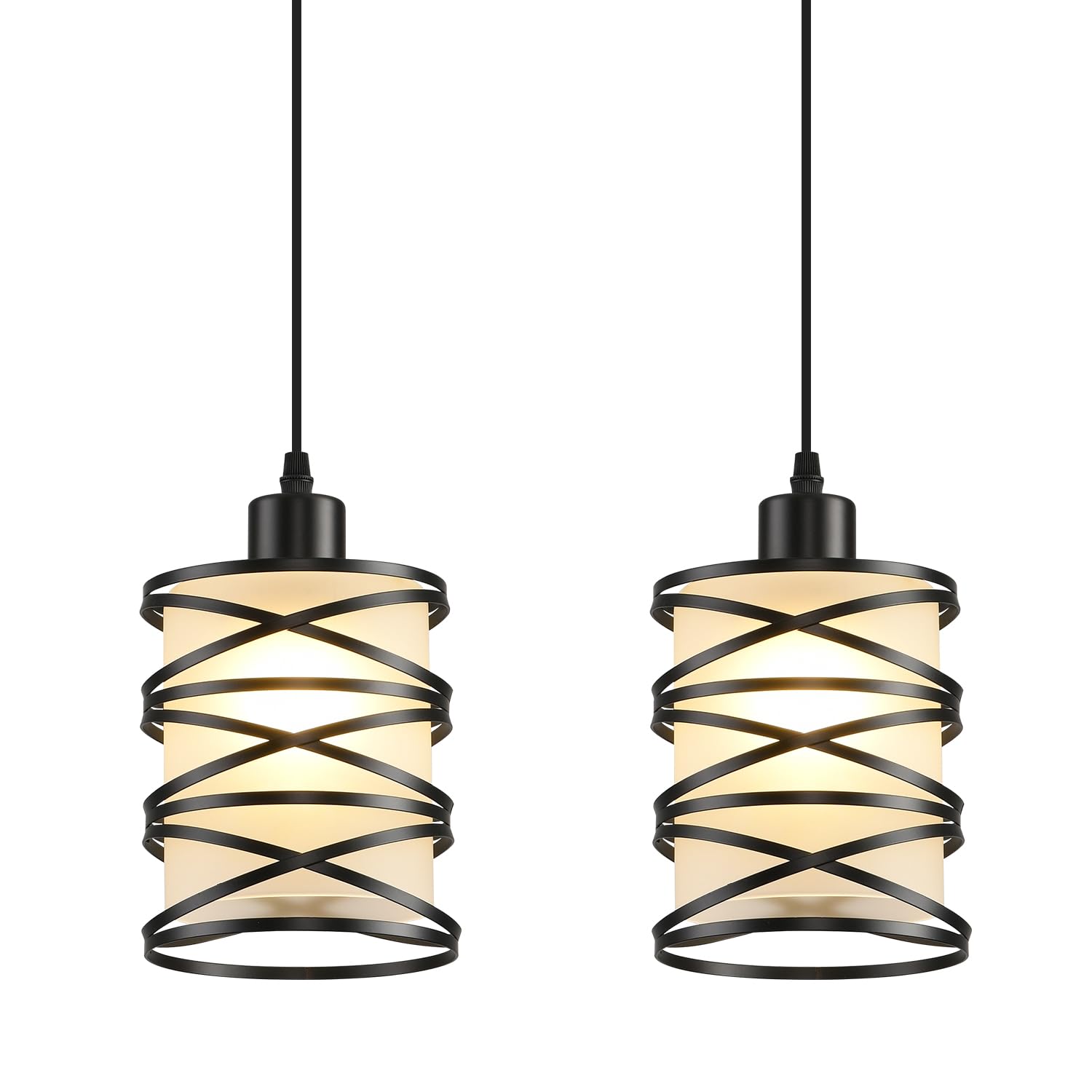 3 Pack Pendant Light Kitchen Island Pendant Lighting, Glass Hanging Light with Spiral Cage Clear Glass Shade, Black Modern Indoor Hanging Lamp