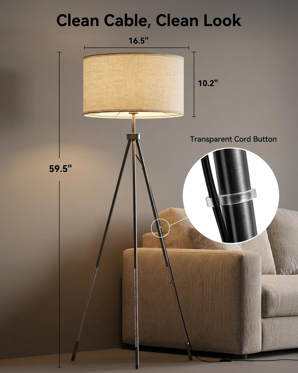 JOOFO Tripod Floor Lamp with Remote Control, Stepless Dimmable Tall Floor Lamp with Fabric Shade, Acrylic Bubble & Metal Pole Design, Modern Standing Lamp for Living Room Bedroom, Brushed Black