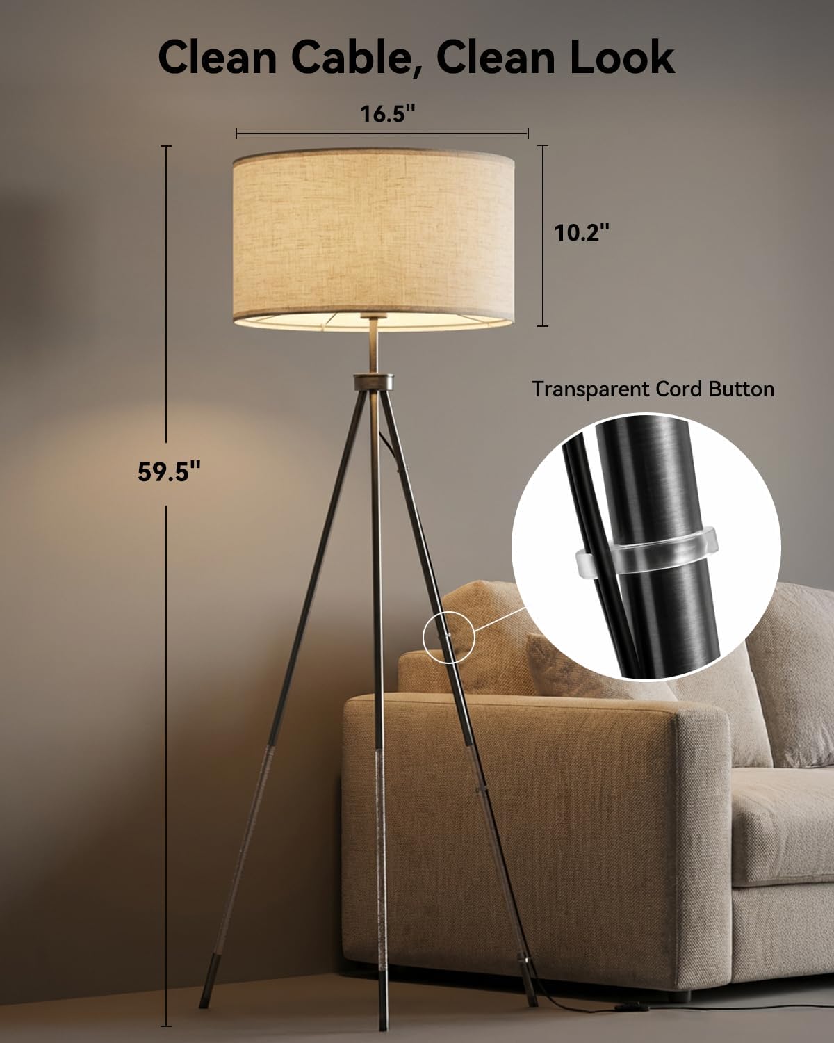 JOOFO Tripod Floor Lamp with Remote Control, Stepless Dimmable Tall Floor Lamp with Fabric Shade, Acrylic Bubble & Metal Pole Design, Modern Standing Lamp for Living Room Bedroom, Brushed Black